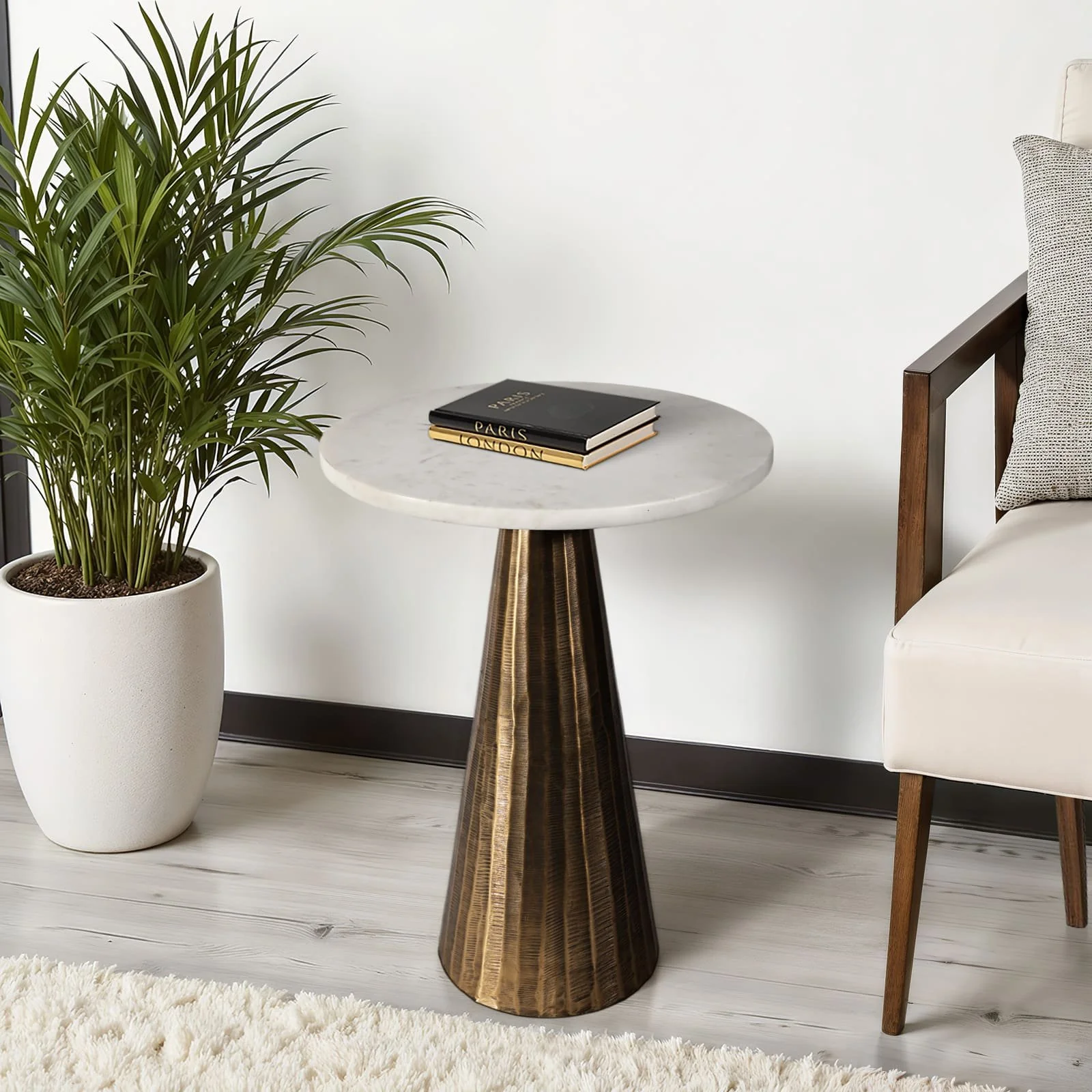 20" Marble Accent Table Chiseled Base, Wht/atq Bra - Image 8