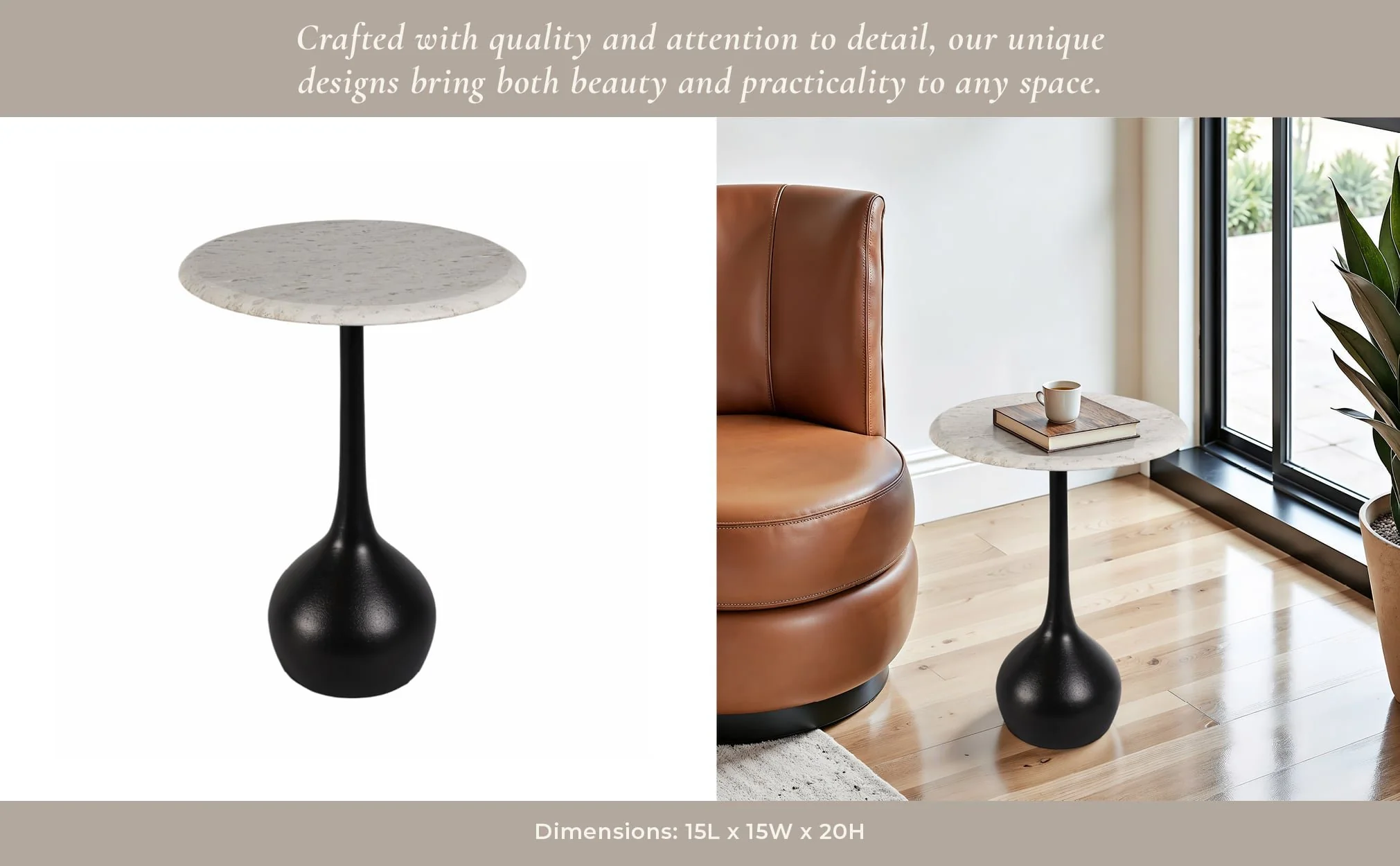 20" Travertine Accent Table Ball Base, Wht/blk - Image 9