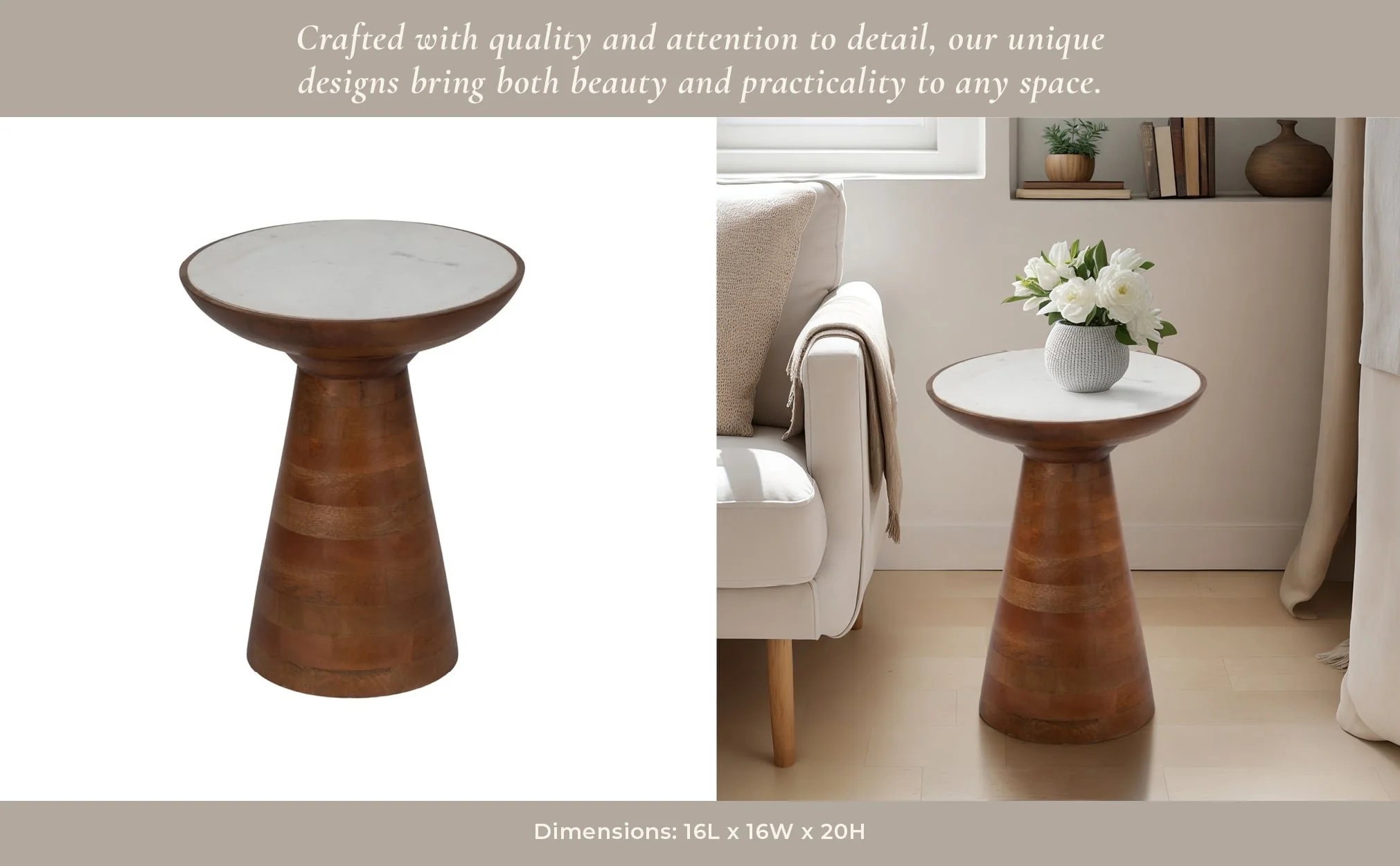 20" Wood Accent Table Marble Top, Natural/white - Image 10