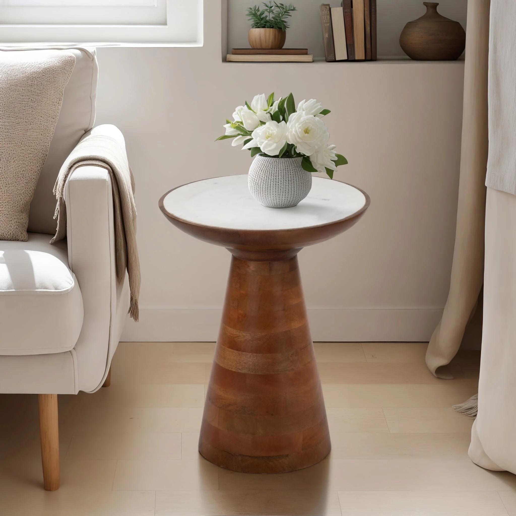 20" Wood Accent Table Marble Top, Natural/white - Image 9