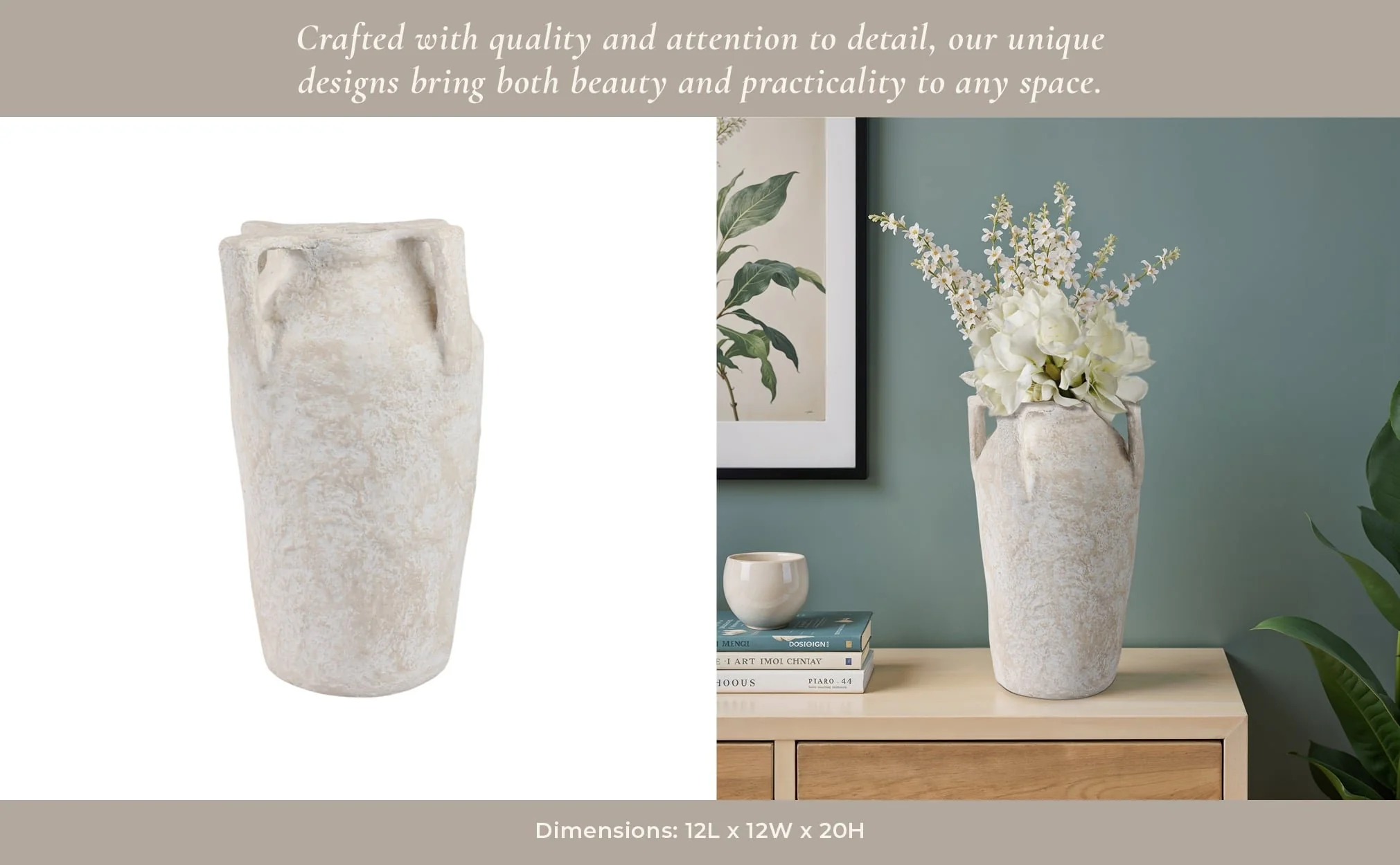 20x12" Paper Mache Handle Vase, White - Image 11