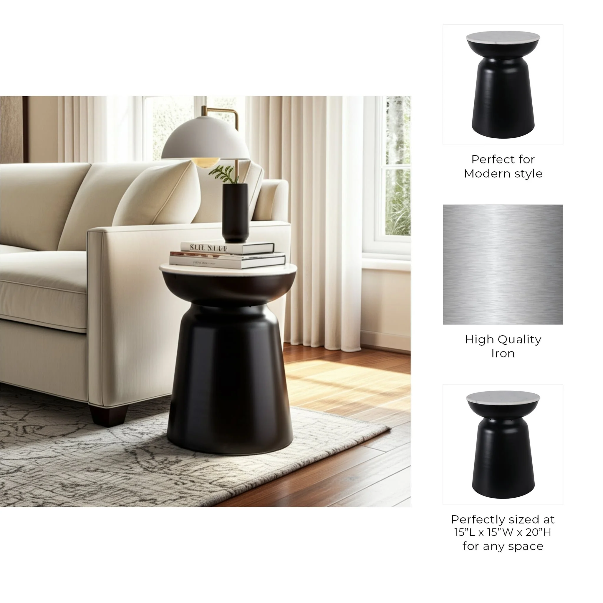 20x15" Metal Accent Table Marble Top, Black/white - Image 9