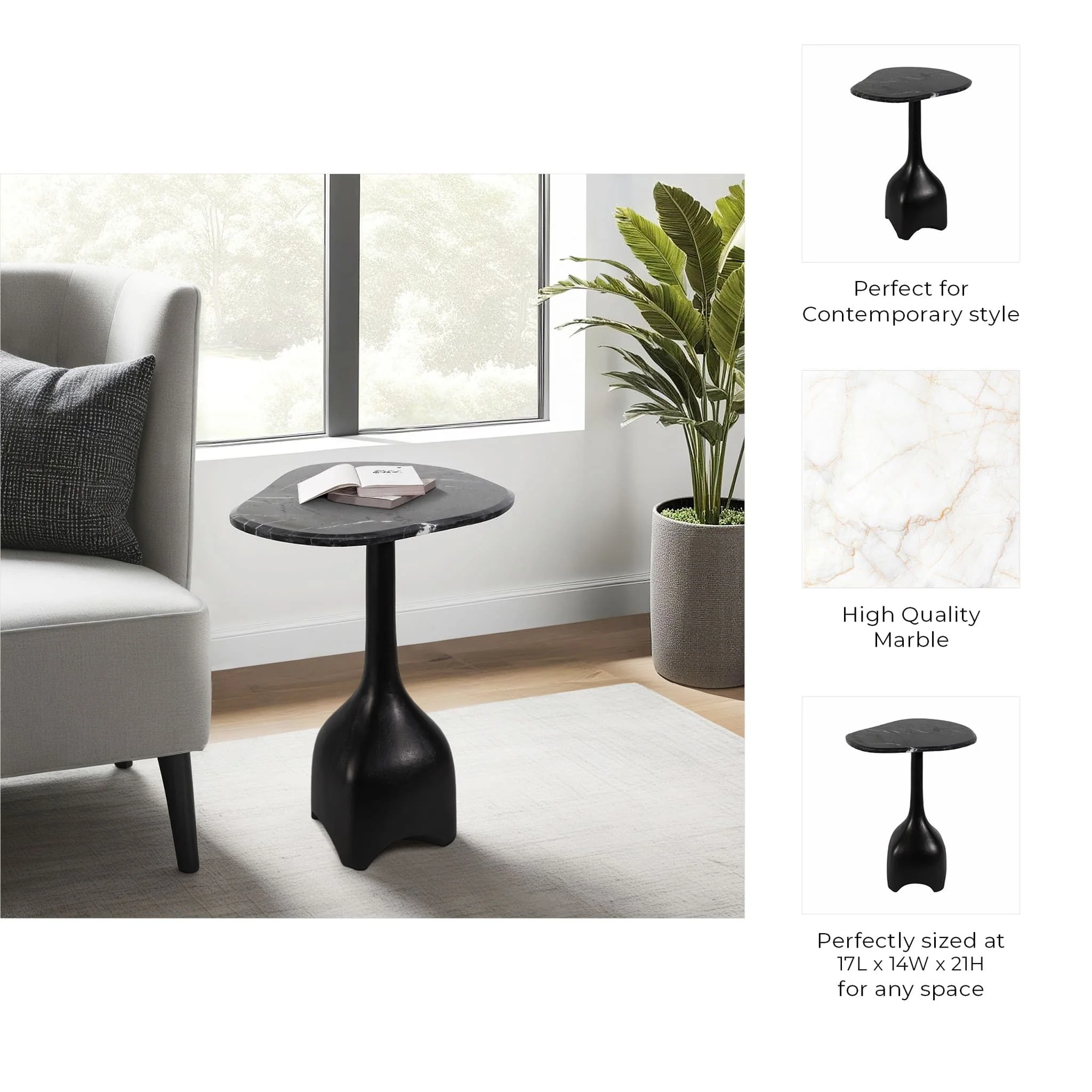 21" Curved Top Marble Accent Table, Blk - Image 8