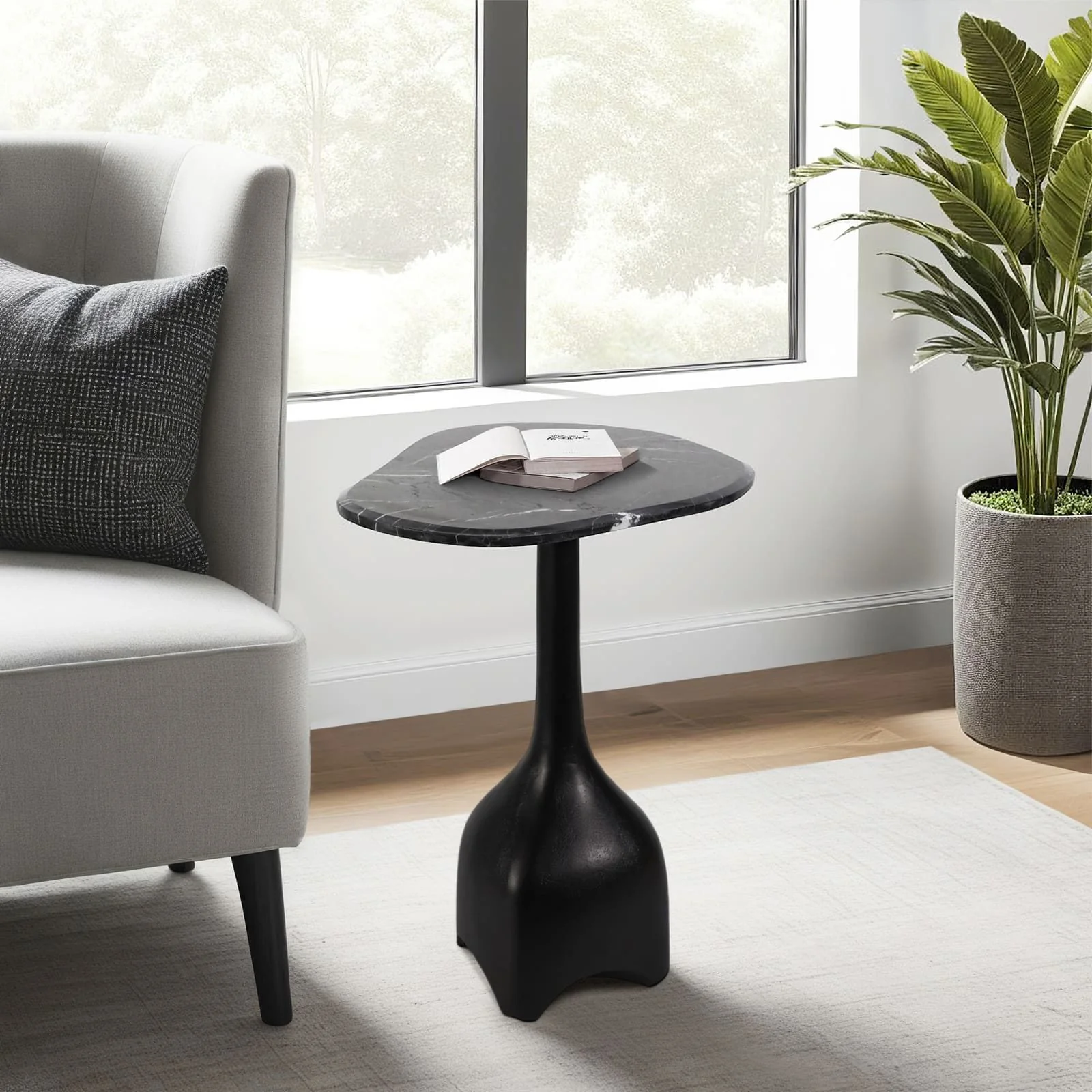 21" Curved Top Marble Accent Table, Blk - Image 9
