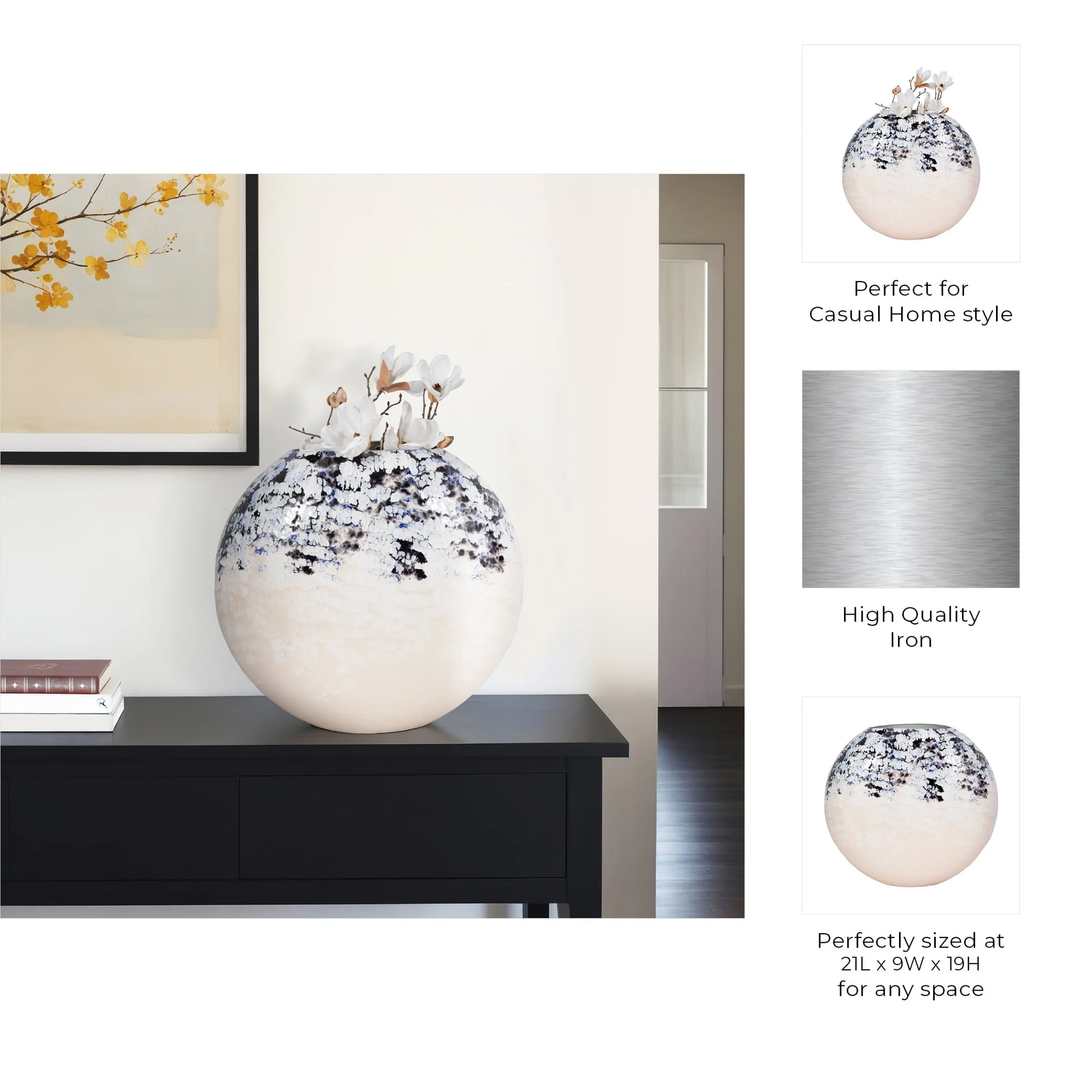 21" Round Metal Vase Arctic Finish, White/blue - Image 10