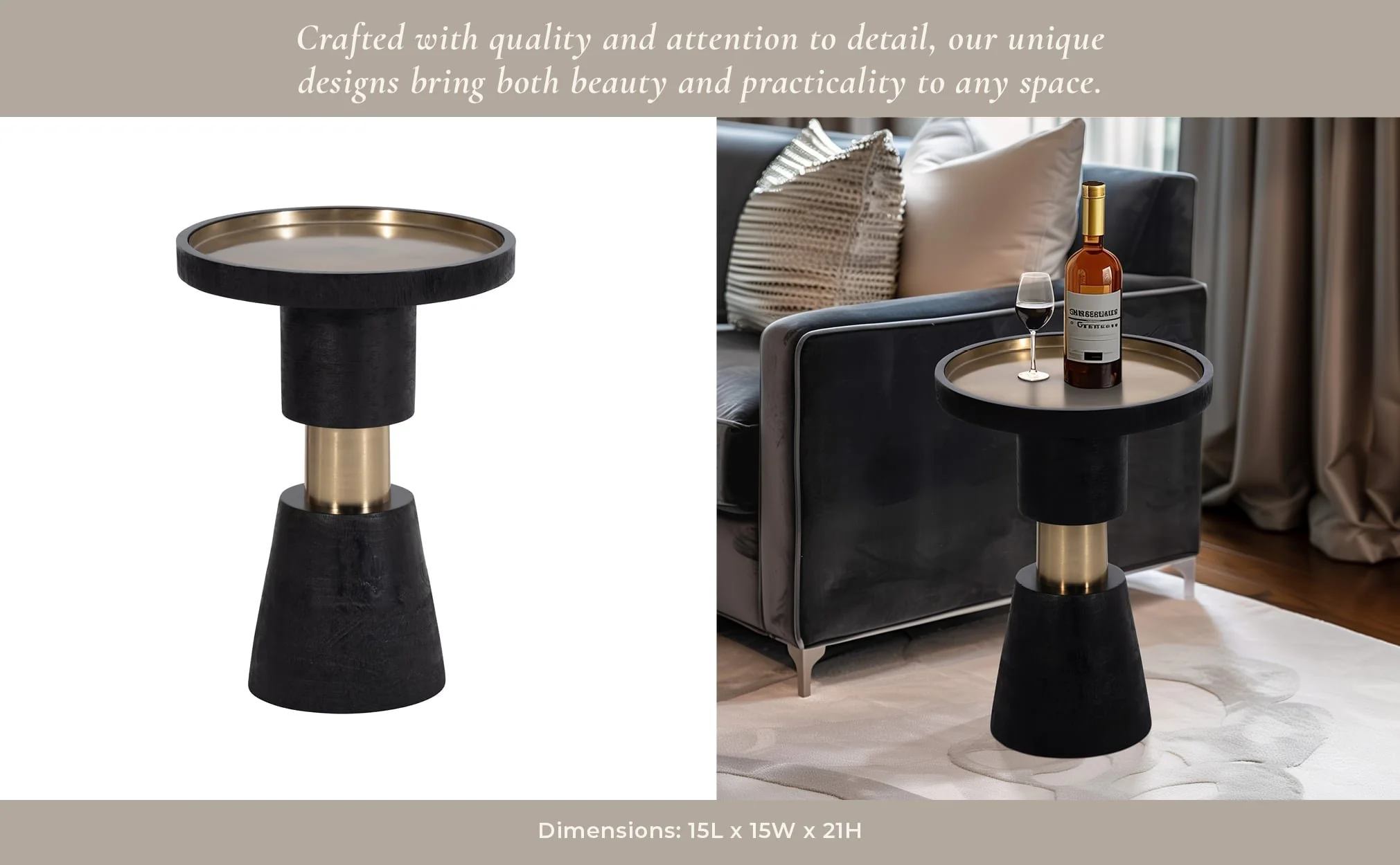 21" Wood, Metal Top Side Table, Black & Gold - Image 10