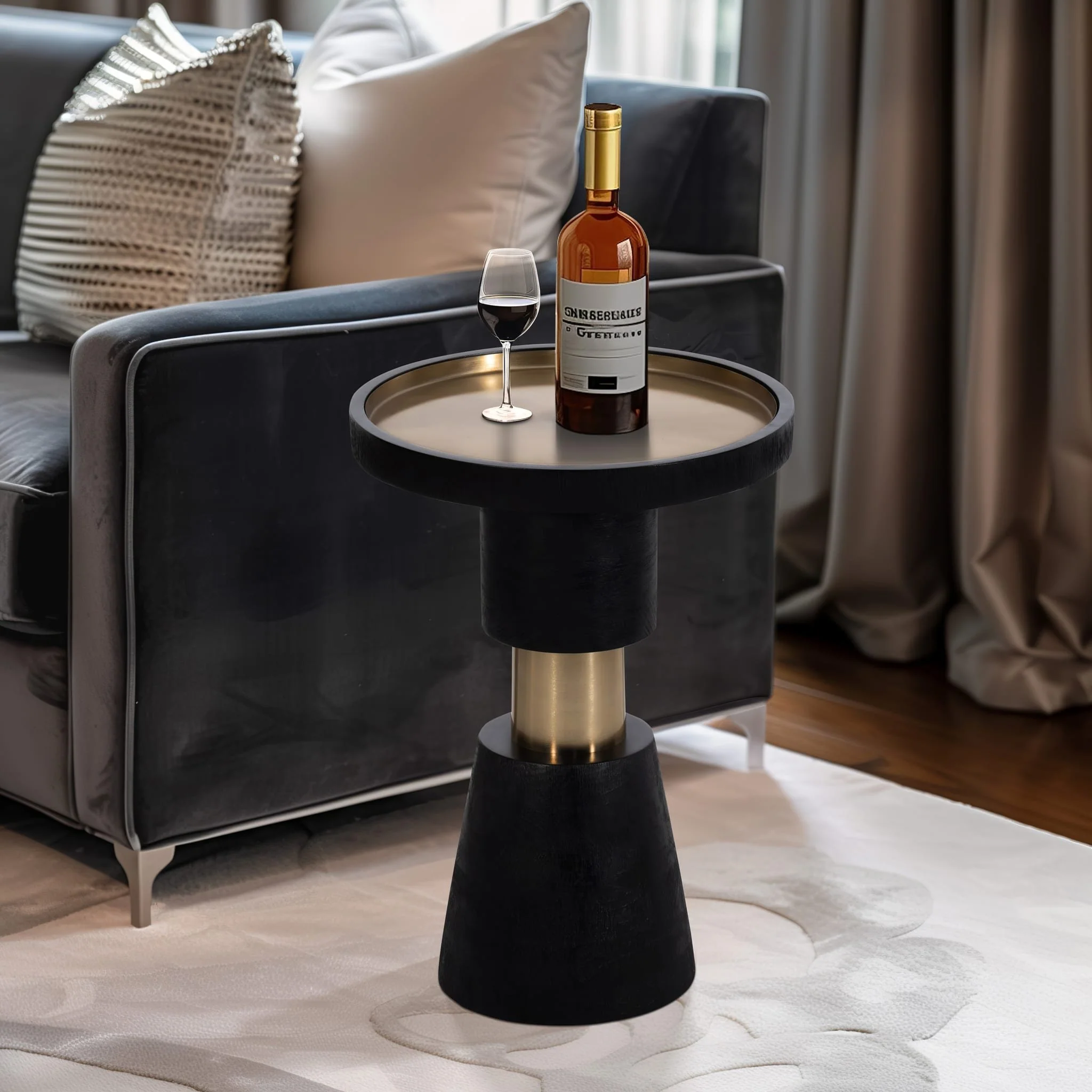 21" Wood, Metal Top Side Table, Black & Gold - Image 9