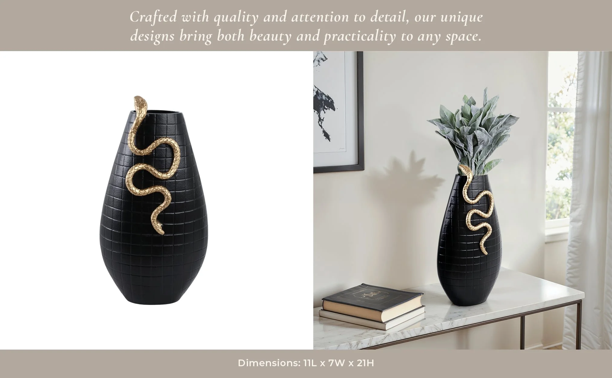 21x11" Curved Snake On Vase, Black/gold - Image 11