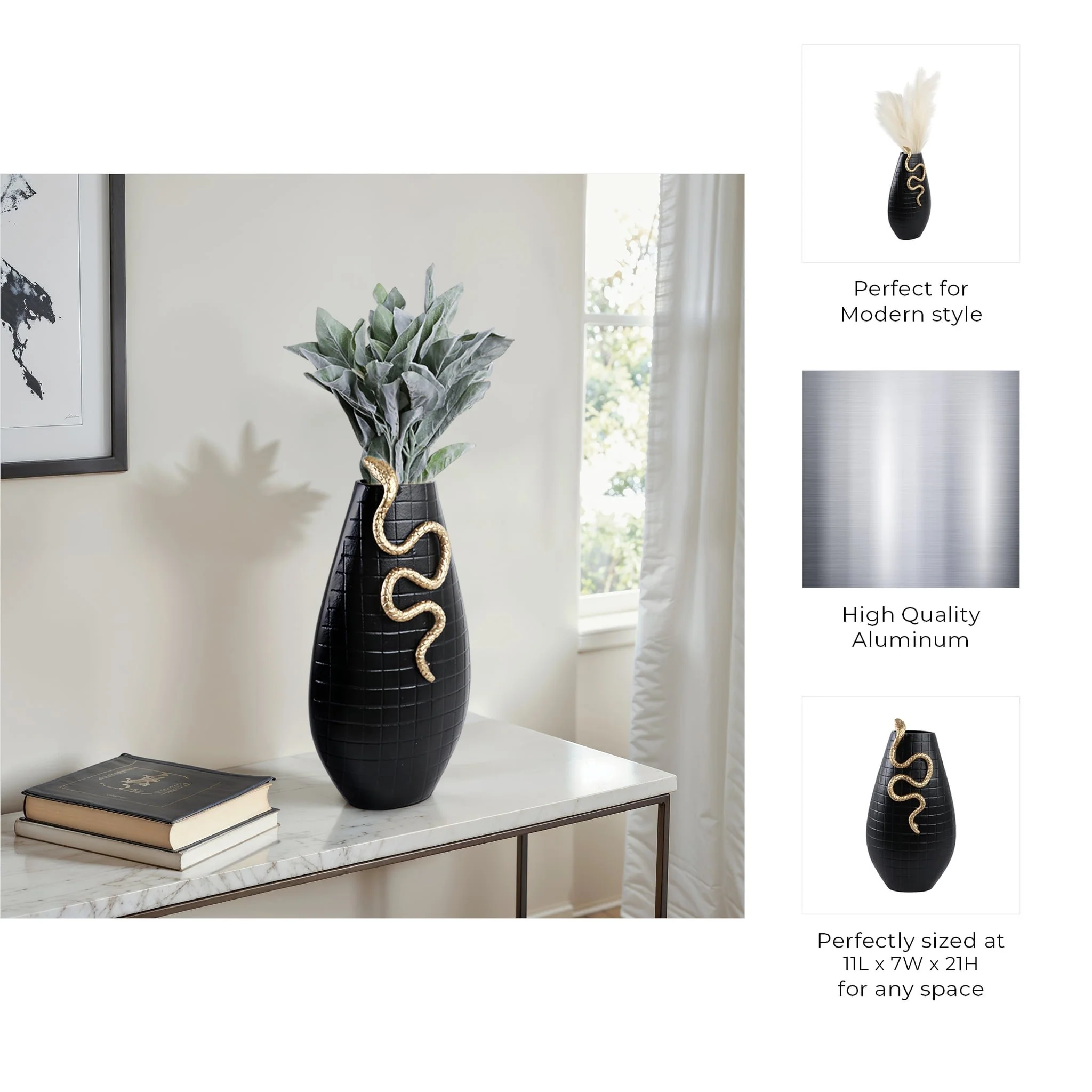 21x11" Curved Snake On Vase, Black/gold - Image 9