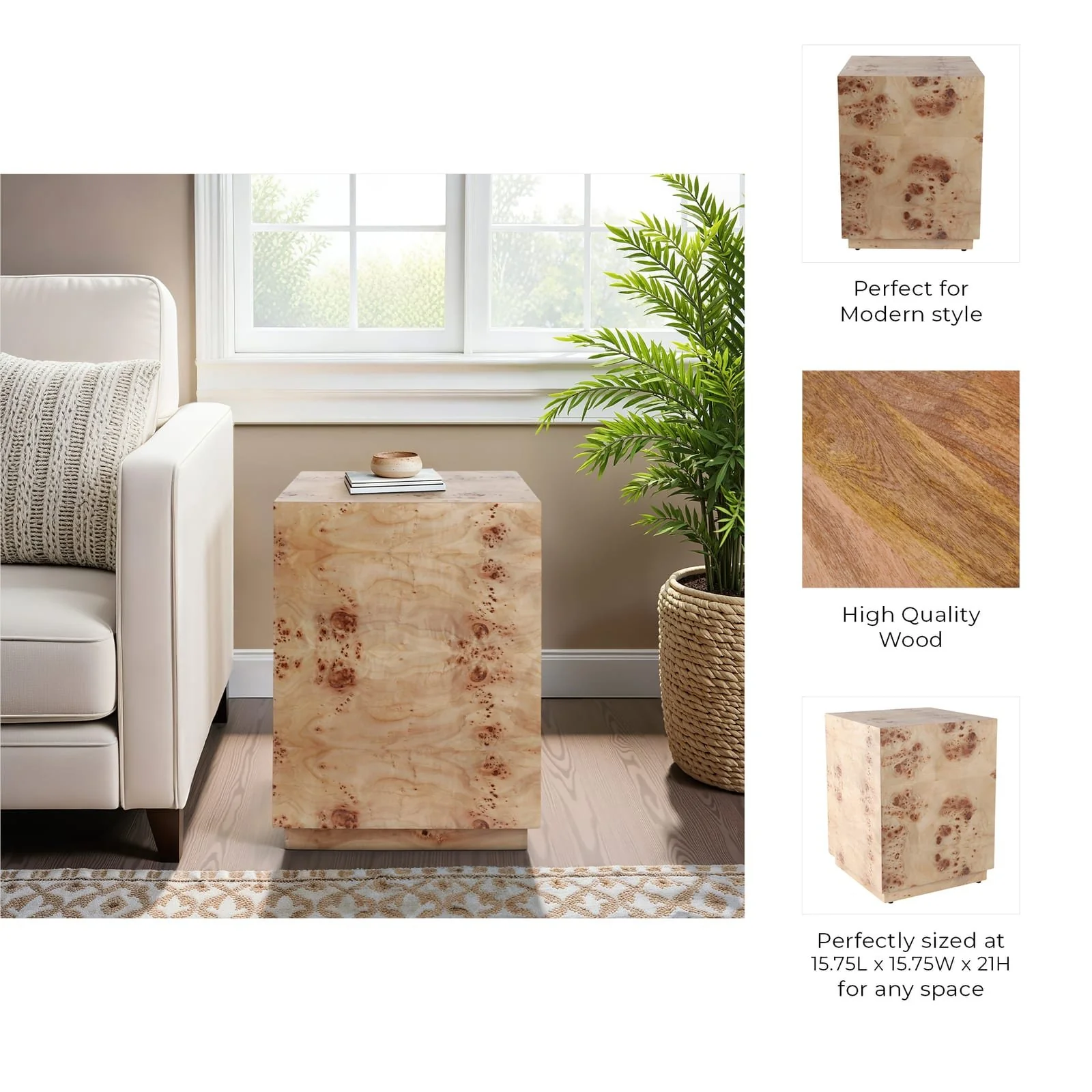 21x16" Burl Wood Block Accent Table, Tan - Image 9