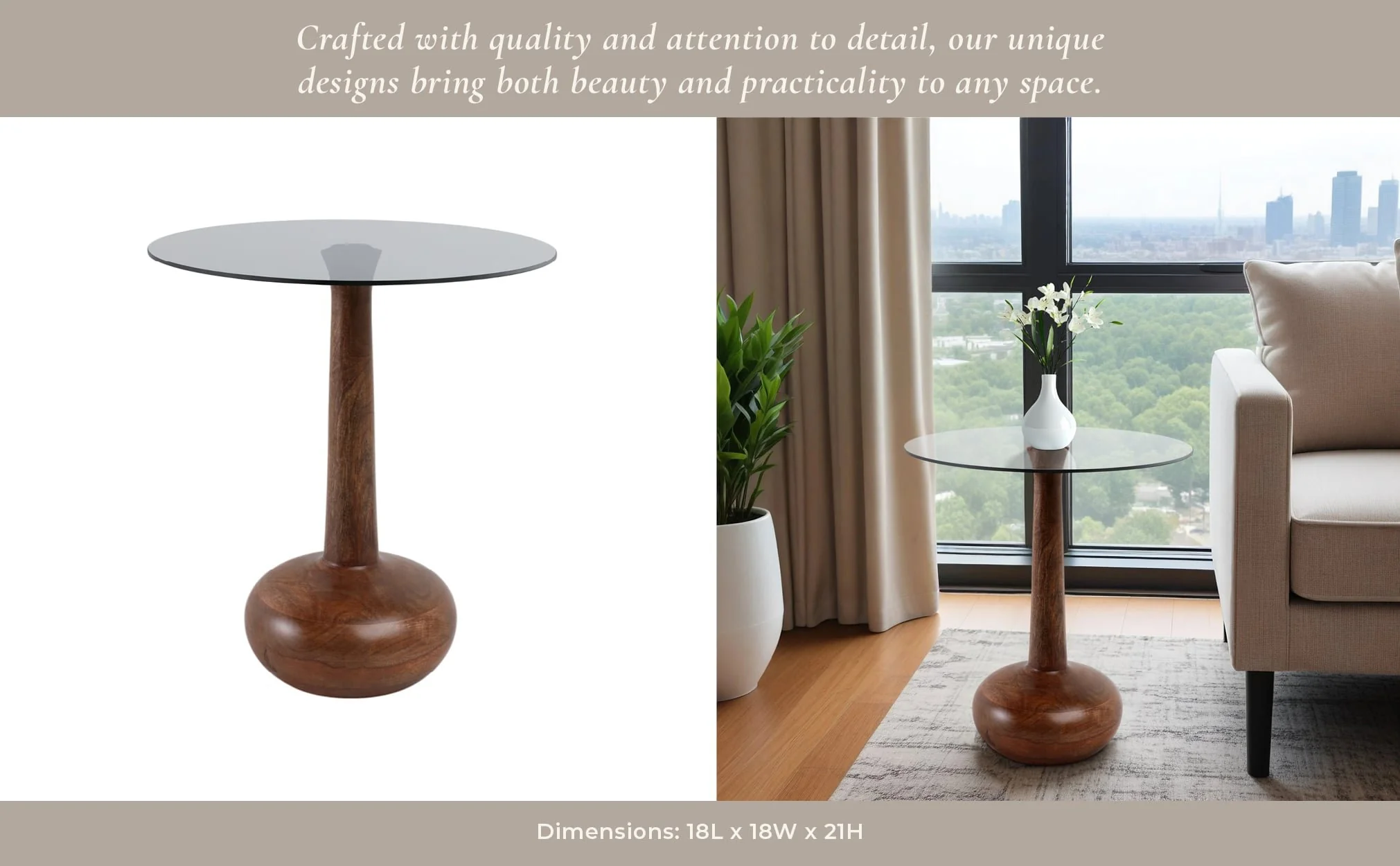 21x18" Smoke Glass Top Teardrop Accent Table, Brow - Image 12