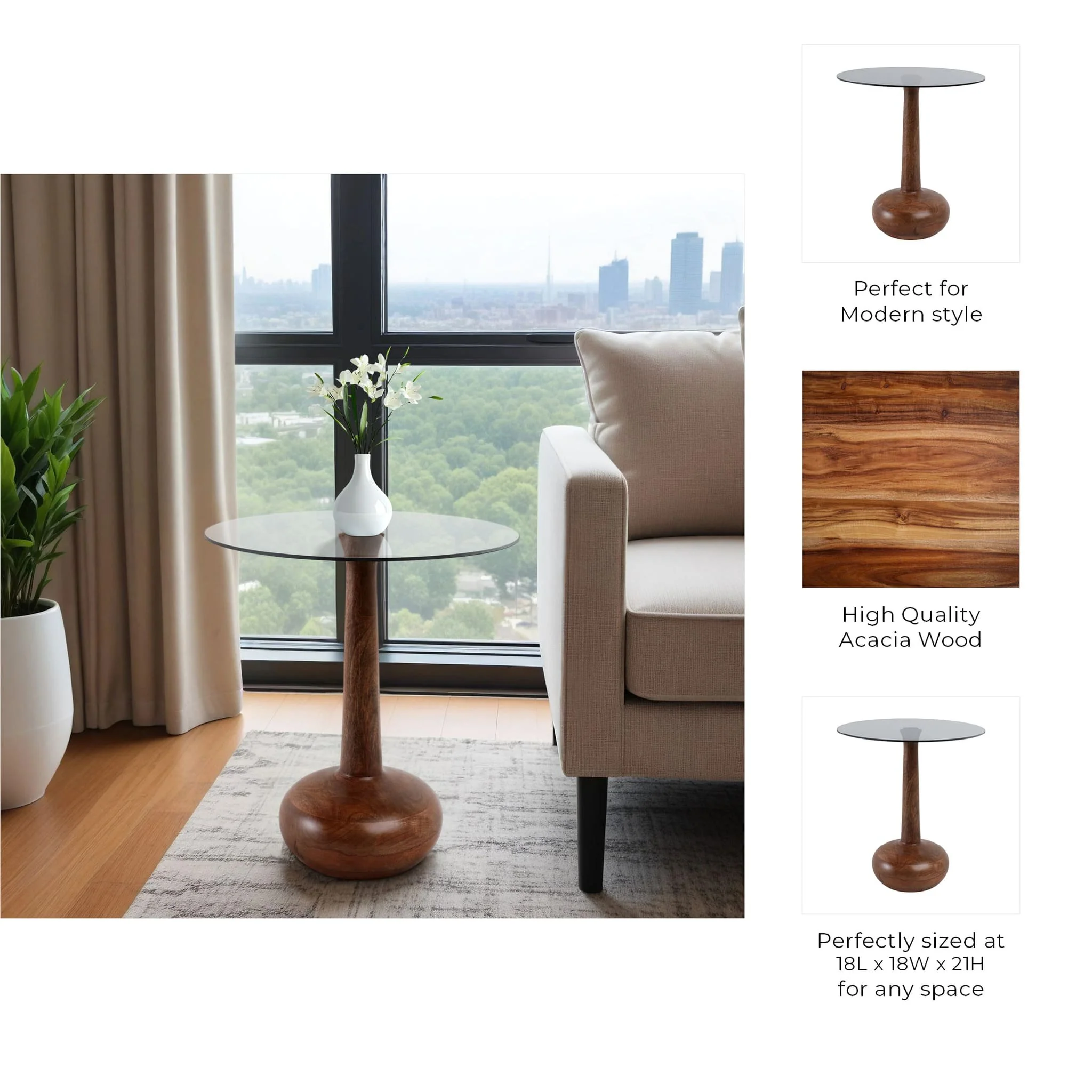 21x18" Smoke Glass Top Teardrop Accent Table, Brow - Image 9