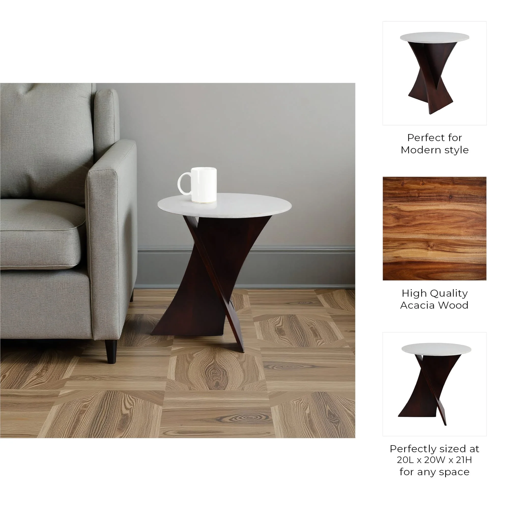 21x20" Marble Top Criss Cross Accent Table, White/ - Image 9