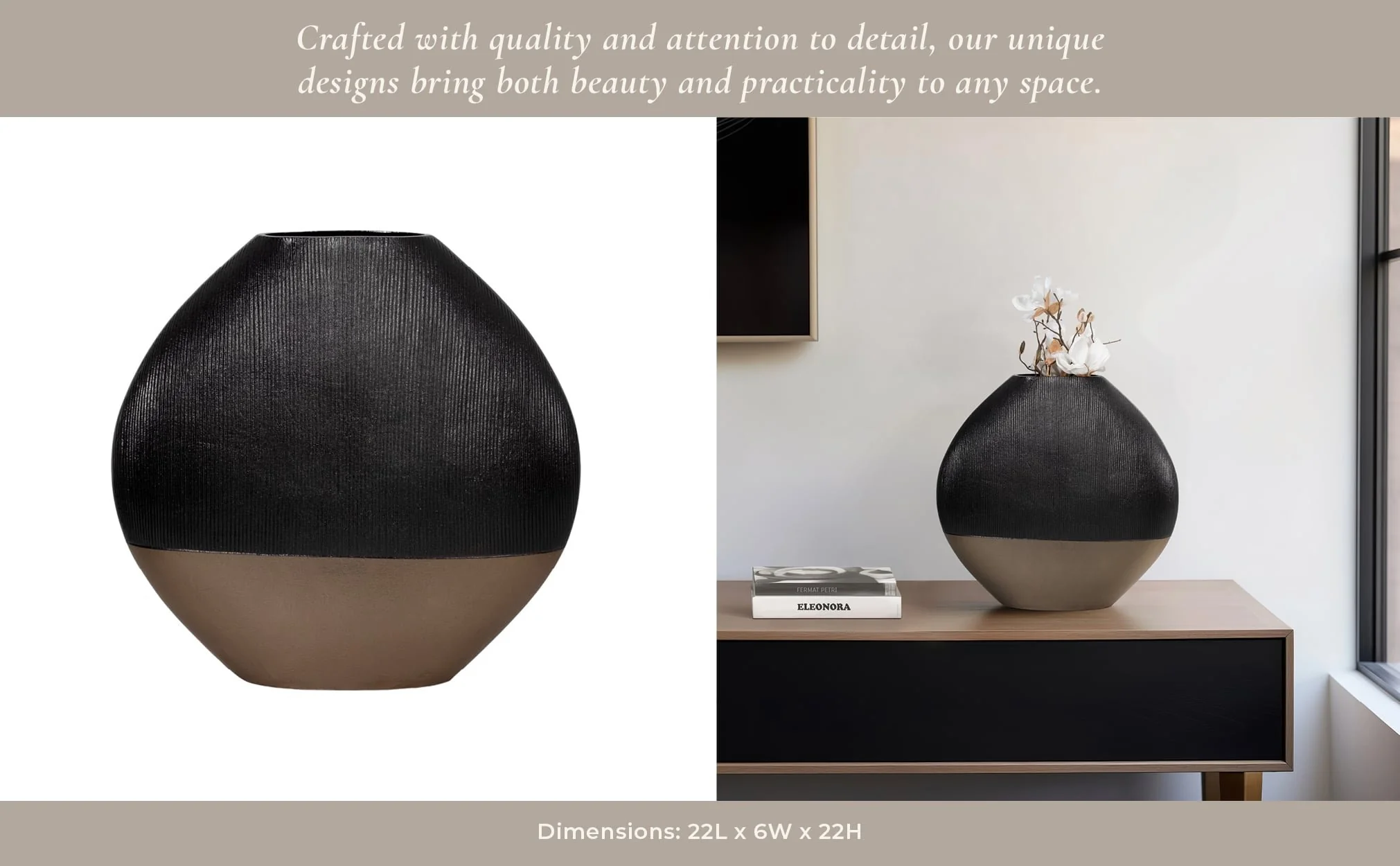 22" Color Block Round Vase, Black/brass Antique - Image 12