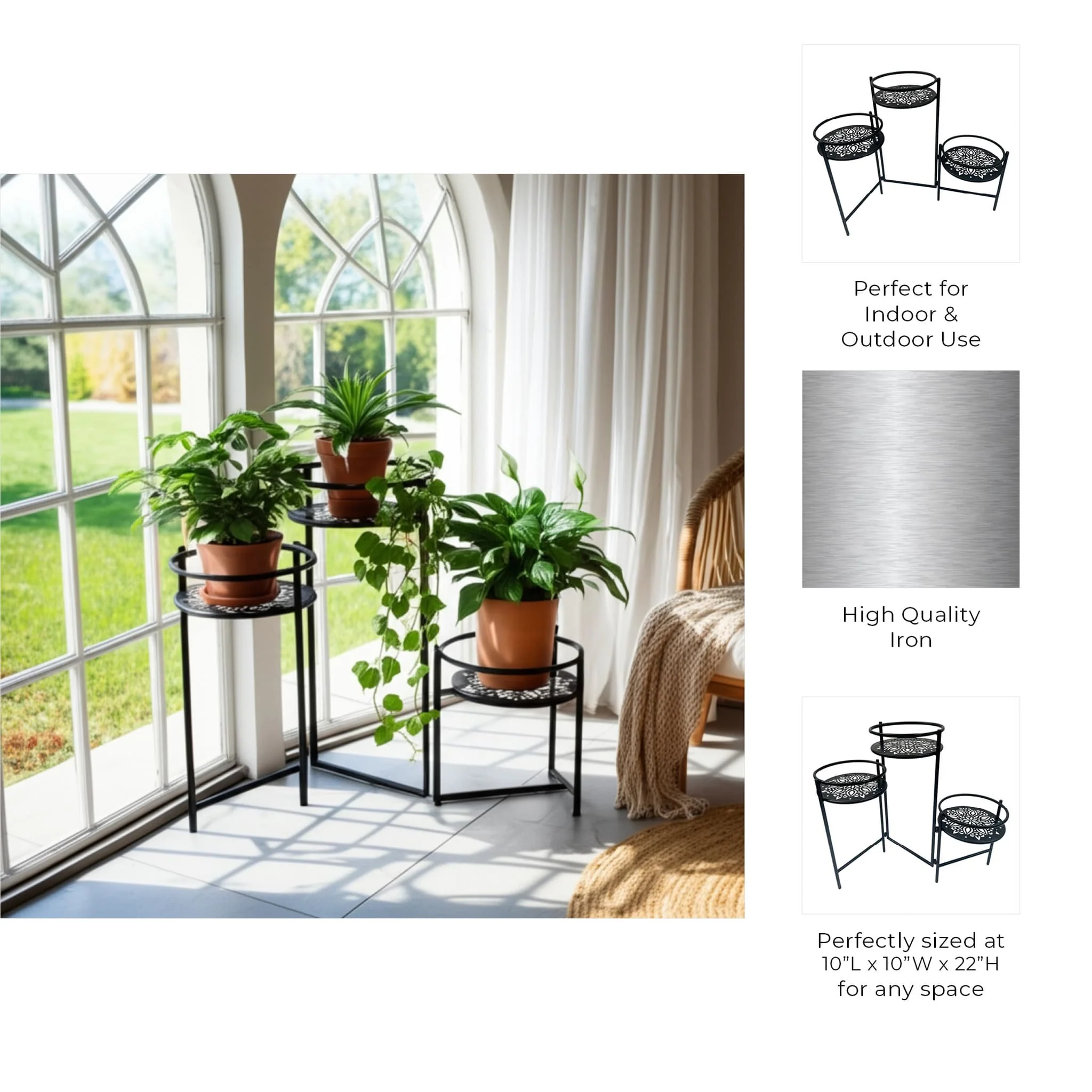 22" Folding 3-tier Mandala Plant Stand, Black - Image 10