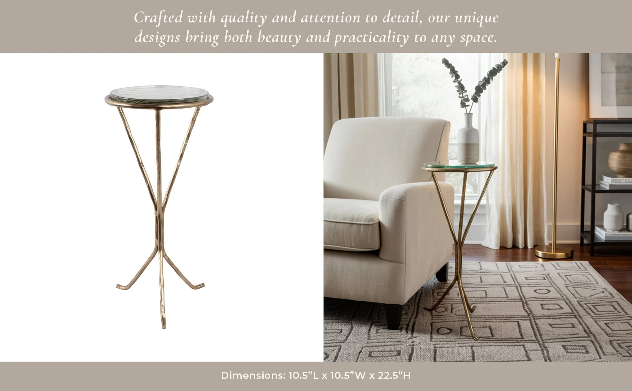 22x11" Recycled Glass Top Metal Drink Table, Gold - Image 13