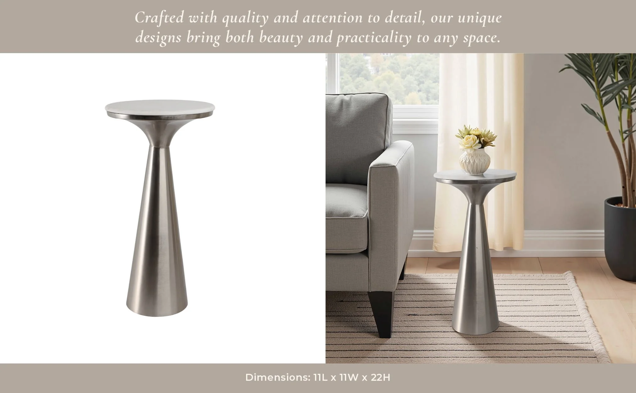22x11"tapered Metal Base&mrble Drink Table,wht/slv - Image 11
