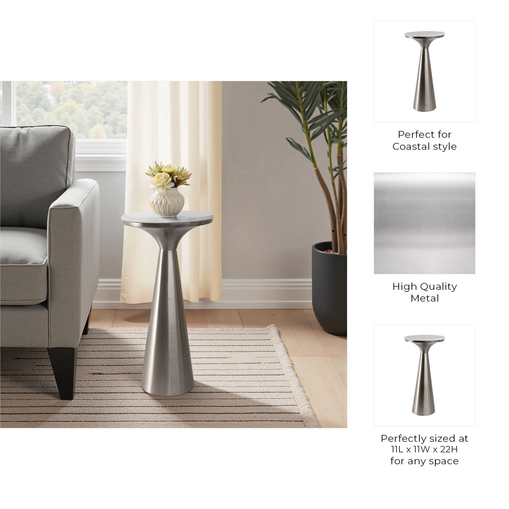22x11"tapered Metal Base&mrble Drink Table,wht/slv - Image 9