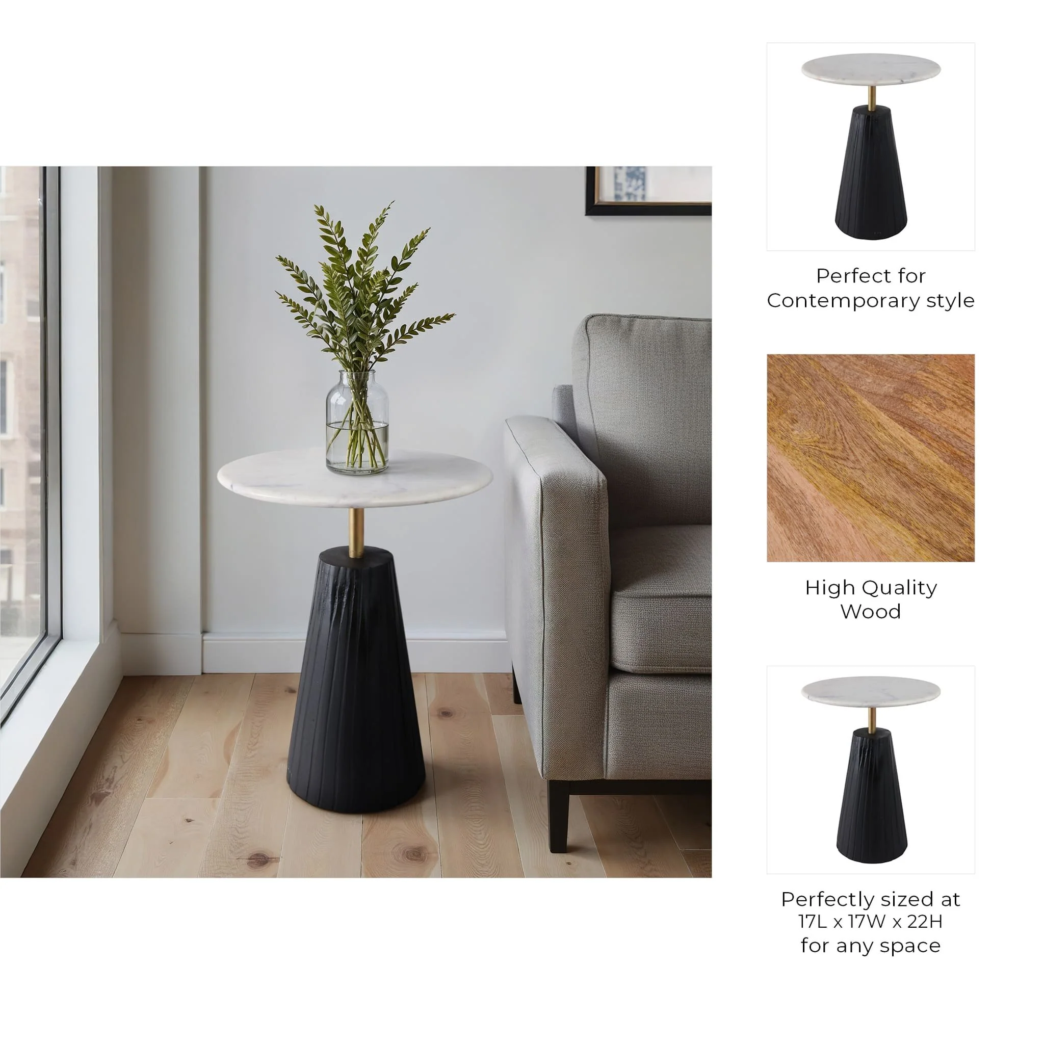 22x17" Fluted Base Marble Top Accent Table,wht/blk - Image 10