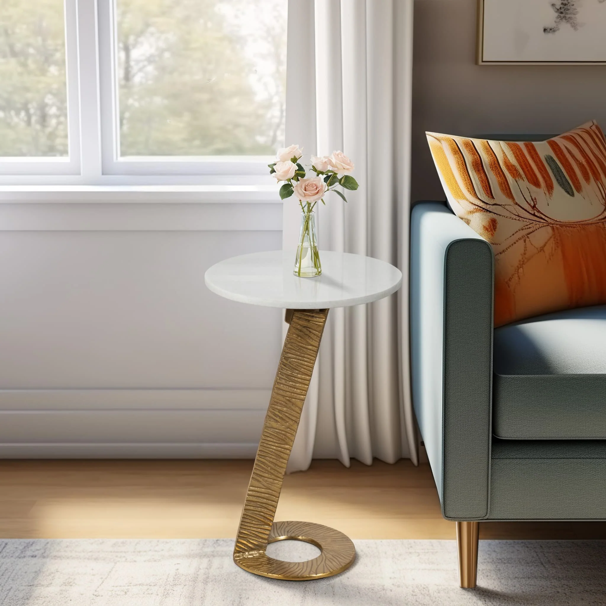 23"grooved Base Accent Table Marbletop,white/go Kd - Image 9
