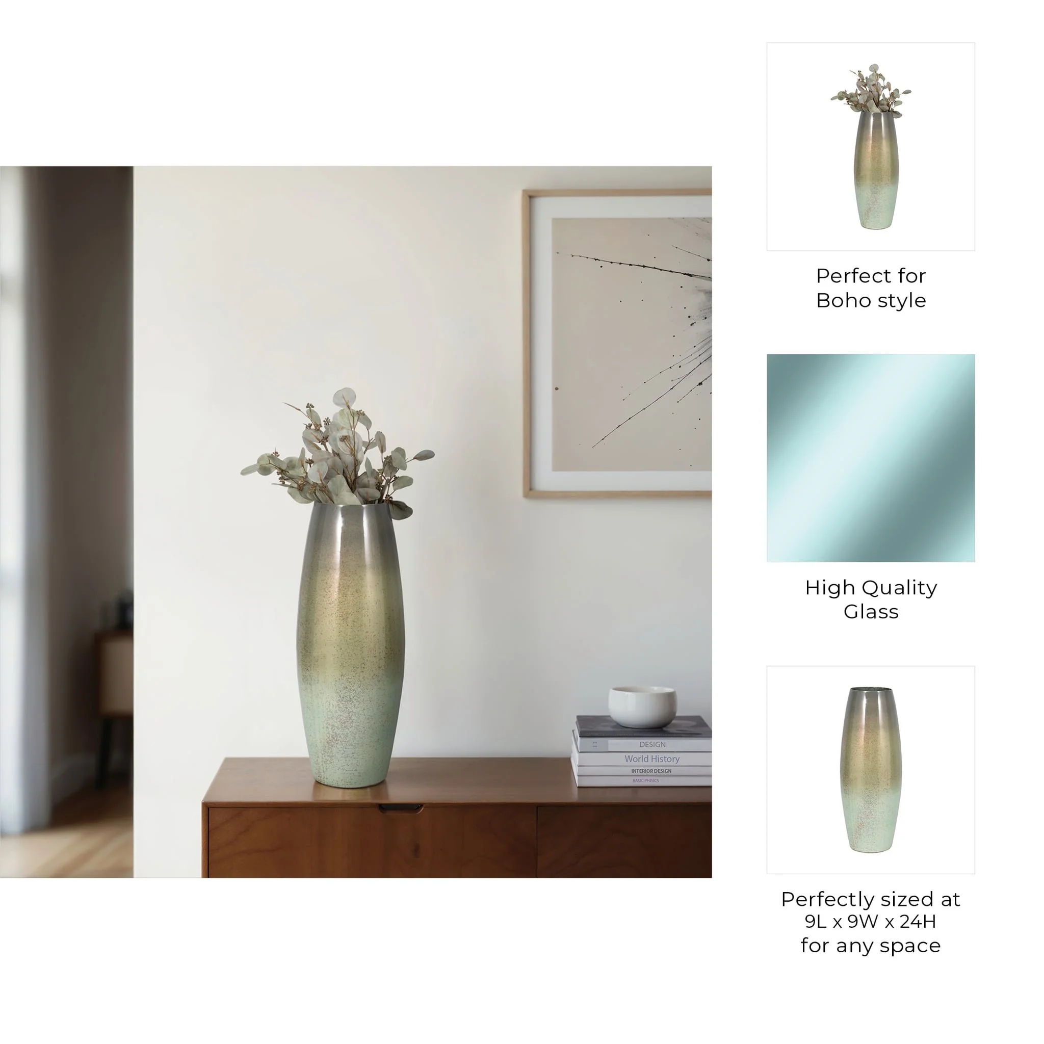 24" Curved Glass Vase Green Mercury Ombre, Multi - Image 9