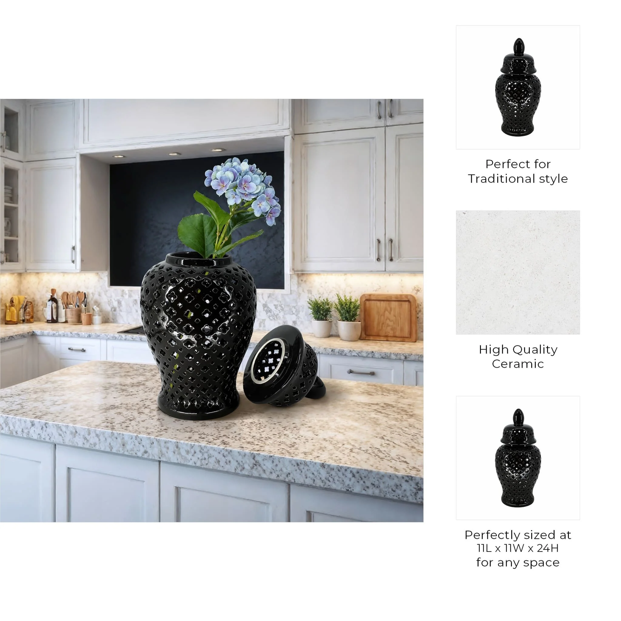 24" Cut-out Clover Temple Jar, Black - Image 8