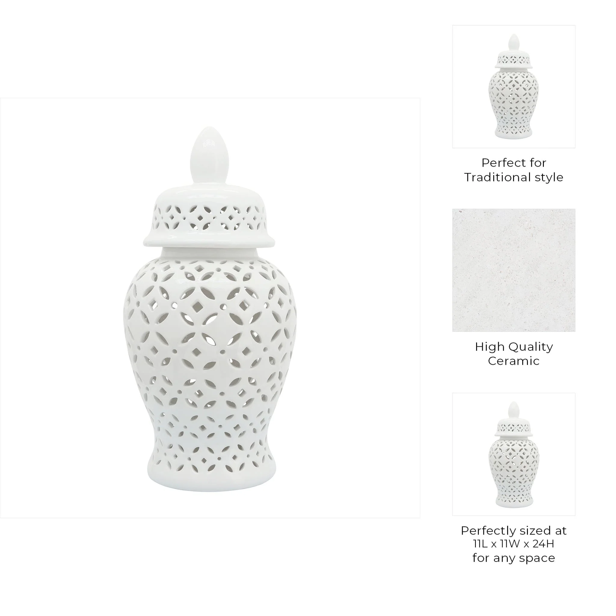 24" Cut-out Daisies Temple Jar, White - Image 9