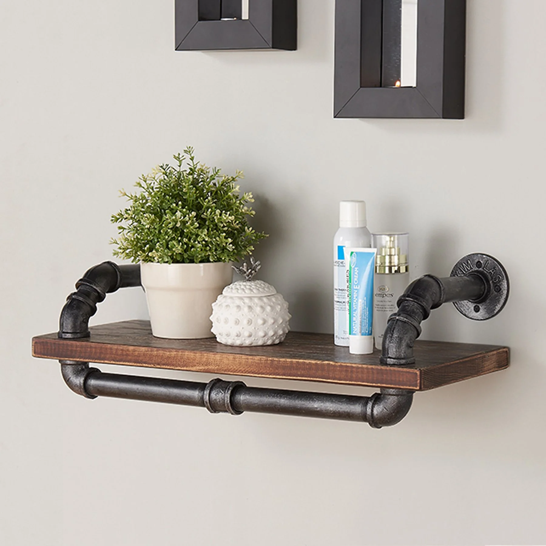 24" Isadore Industrial Pine Wood Floating Wall Shelf in Gray and Walnut Finish - Image 3