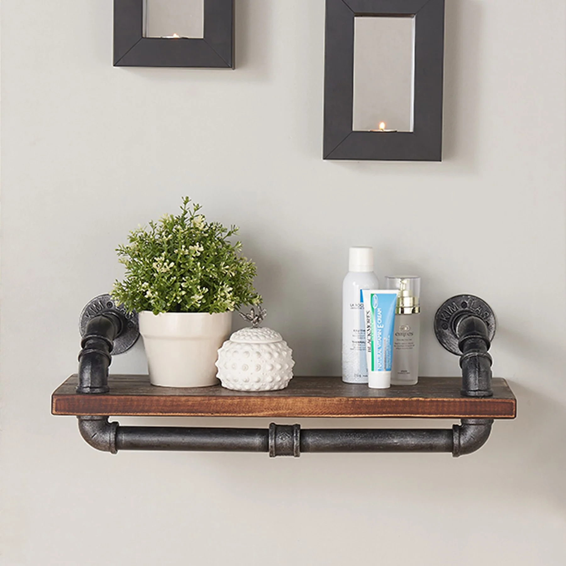 24" Isadore Industrial Pine Wood Floating Wall Shelf in Gray and Walnut Finish - Image 4