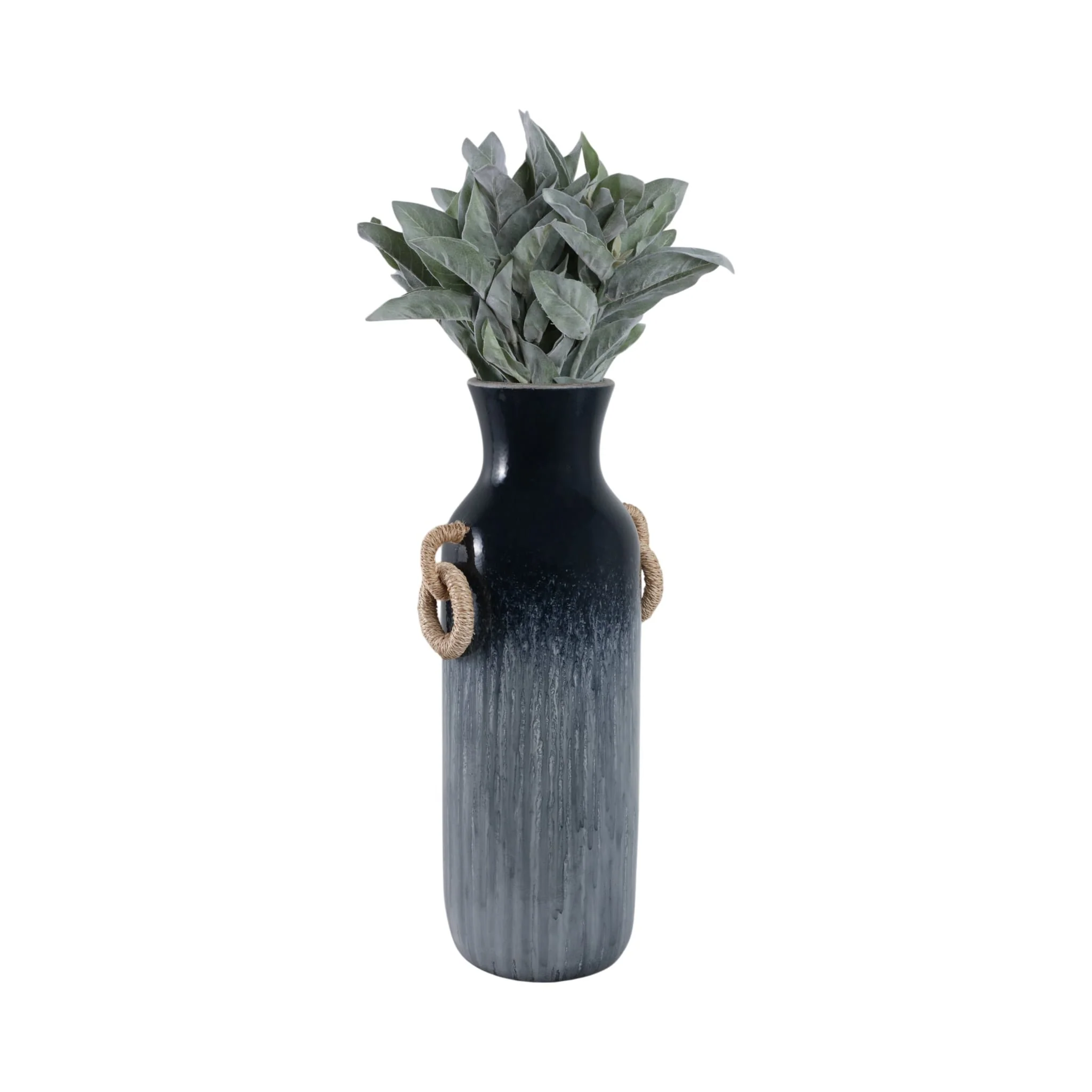 24" Vase With Rattan Handles Reactive Finish, Blue - Image 2