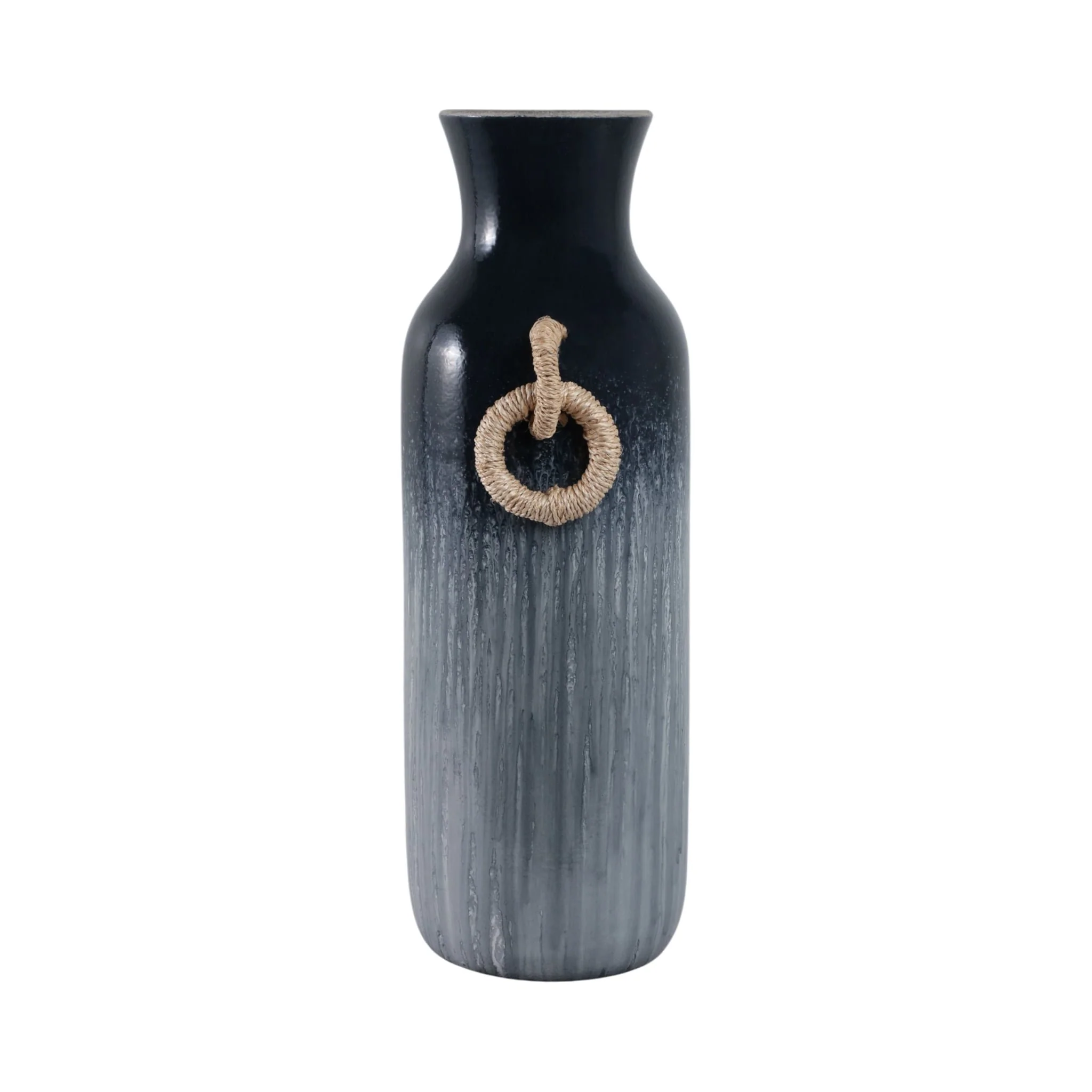 24" Vase With Rattan Handles Reactive Finish, Blue - Image 3