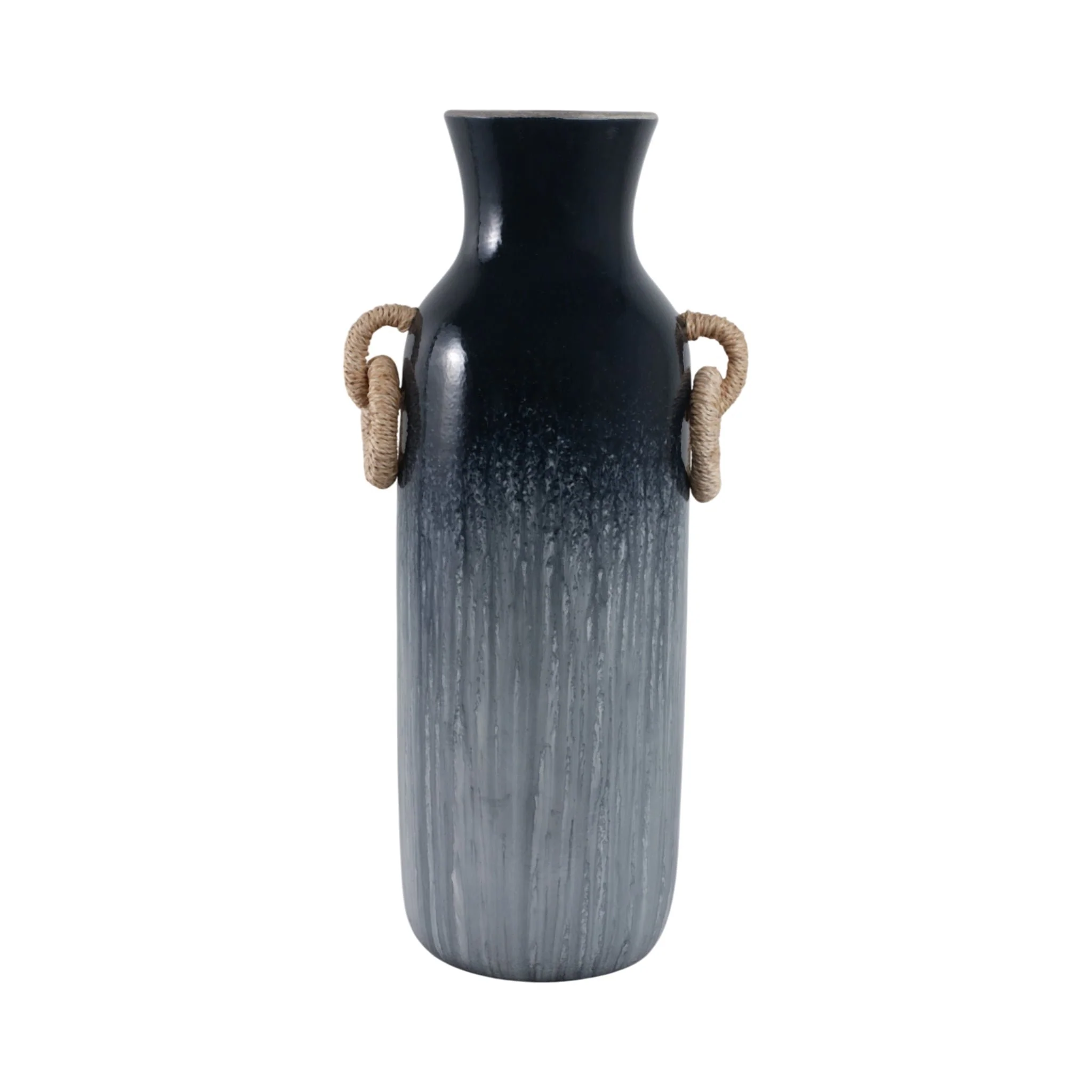 24" Vase With Rattan Handles Reactive Finish, Blue - Image 4