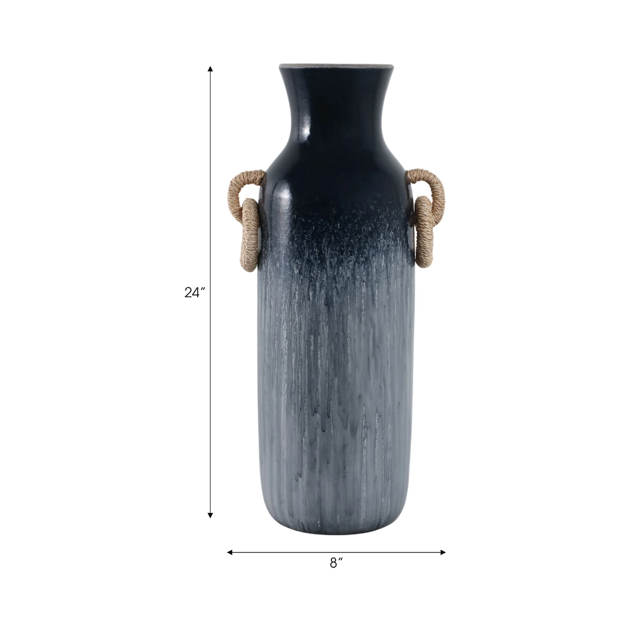24" Vase With Rattan Handles Reactive Finish, Blue - Image 9
