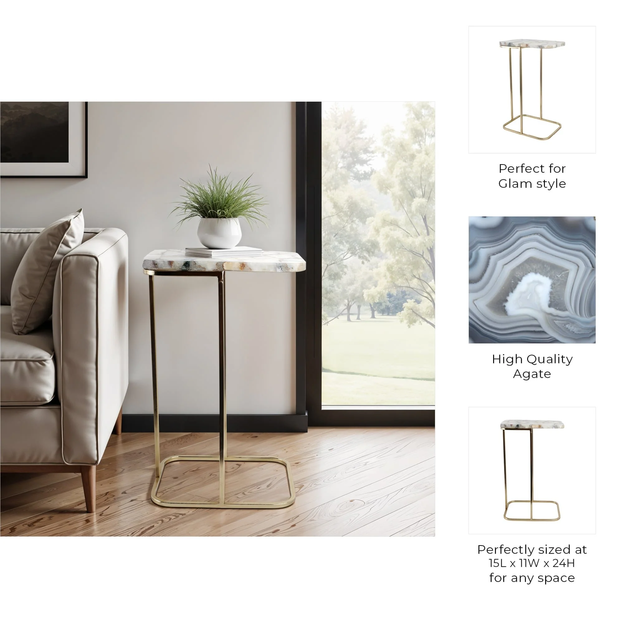 24x15" Agate Top C-table, White/gold - Image 10