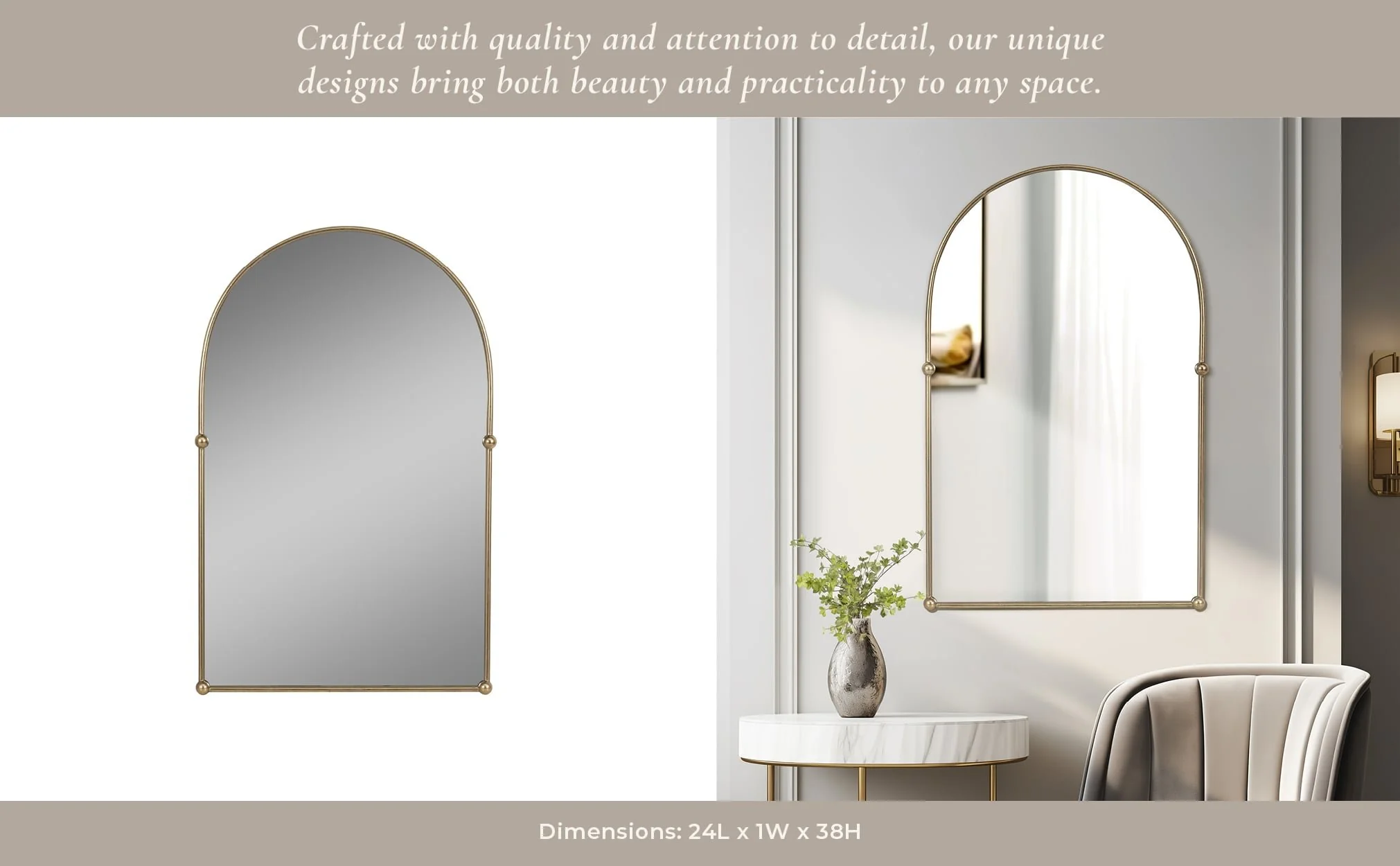 24x38 Arch Mirror With 4 Knobs, Gold - Image 9