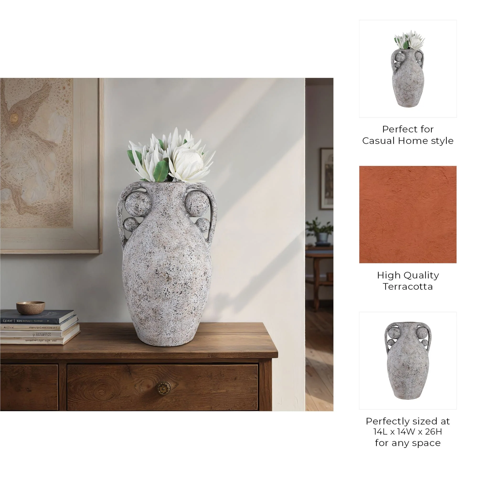 26" Terracotta Vase With Orbs Under Handles, Rusti - Image 10