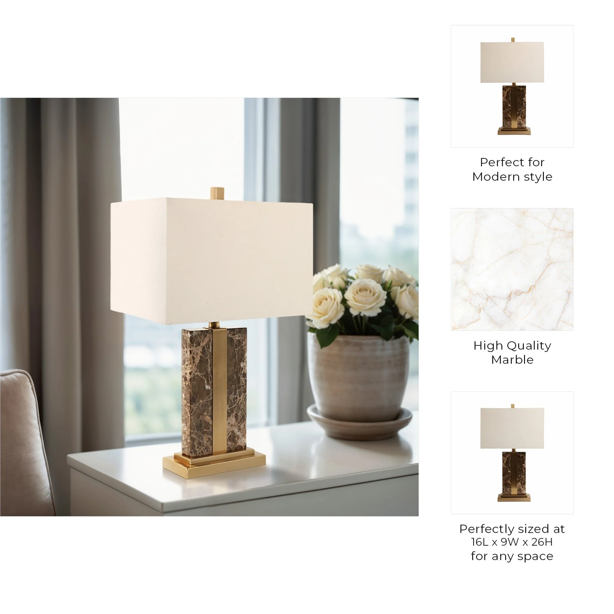 26x16" Rectangle Marble Lamp W/ Antique Brass, Bro - Image 8