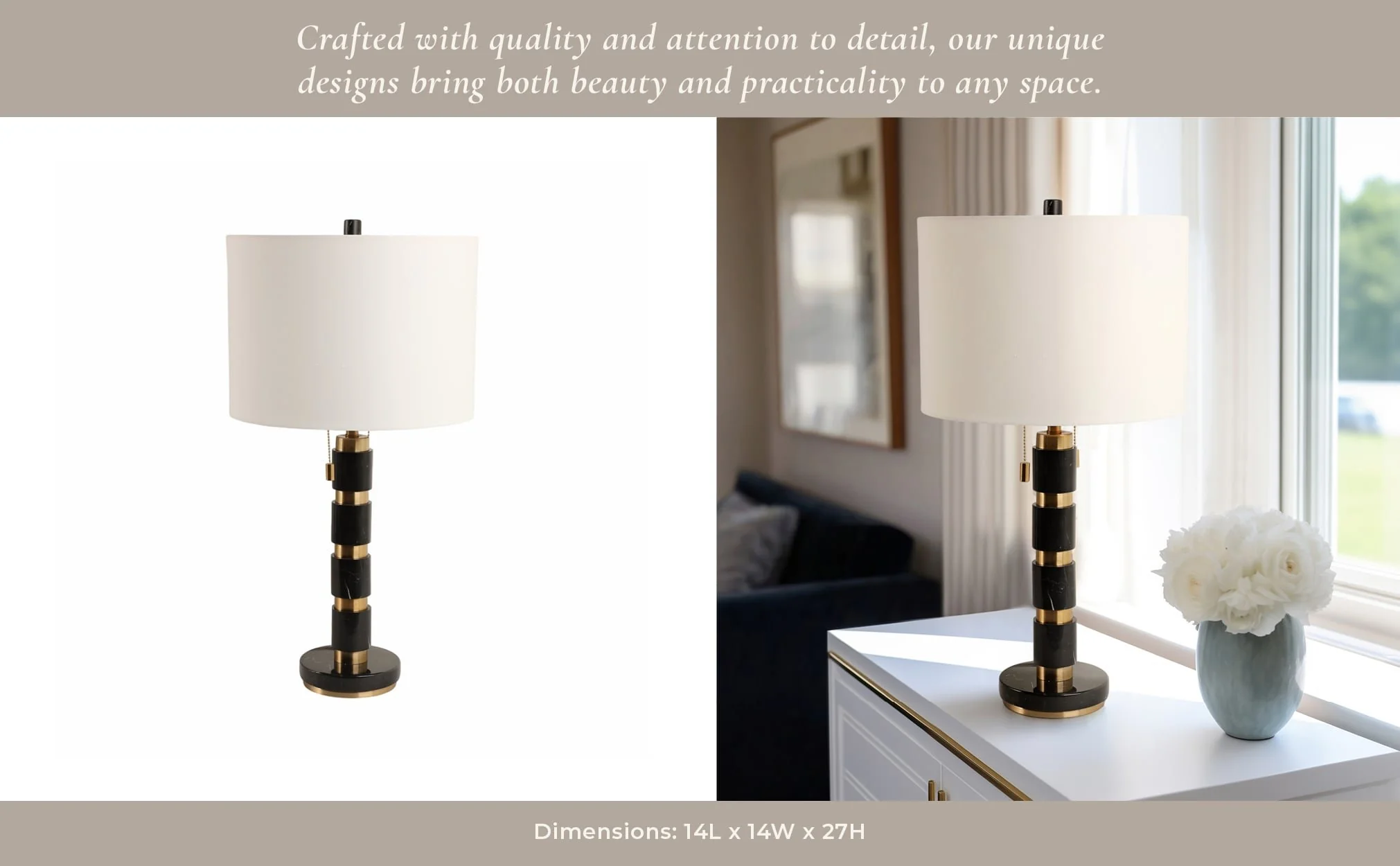 27x14" Stacked Marble Lamp With 2 Pulls, Black/gol - Image 10