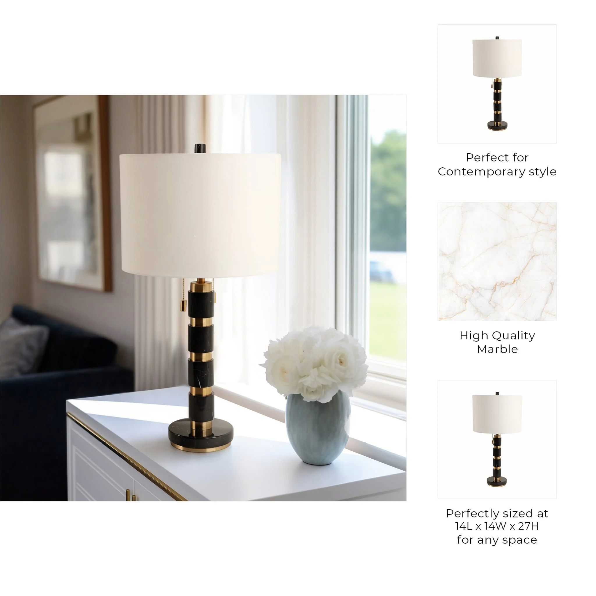 27x14" Stacked Marble Lamp With 2 Pulls, Black/gol - Image 8