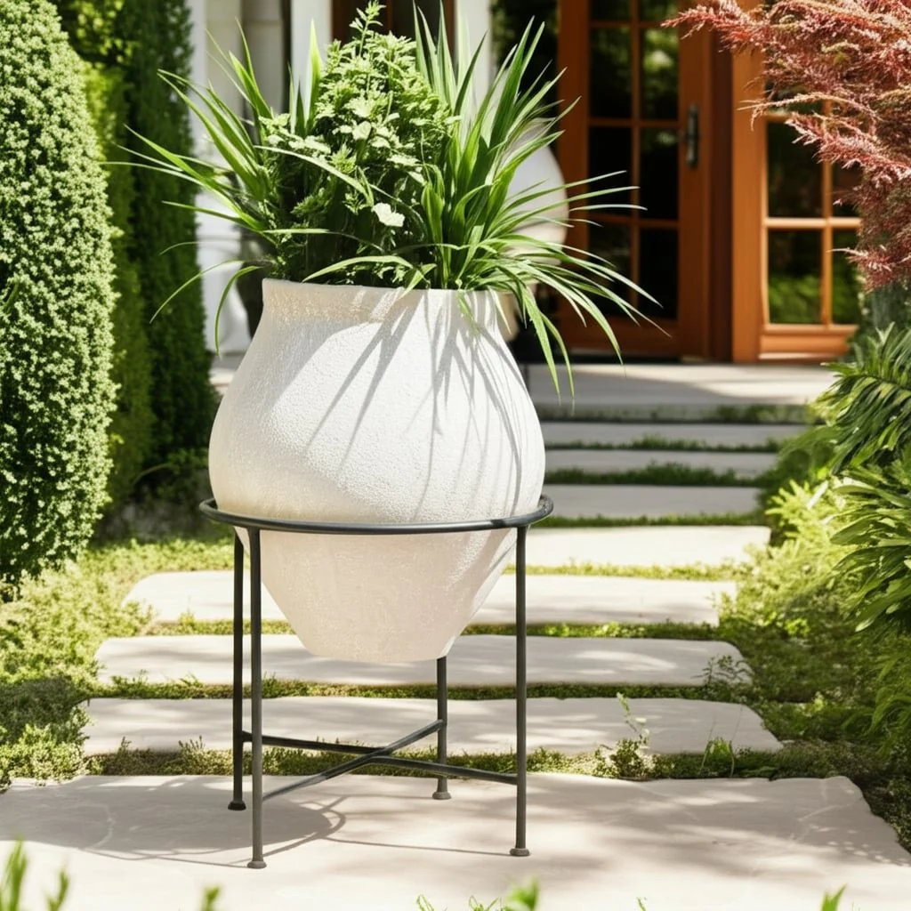 27x18" Terracotta Pot In Metal Stand, Ivory/ Black - Image 13