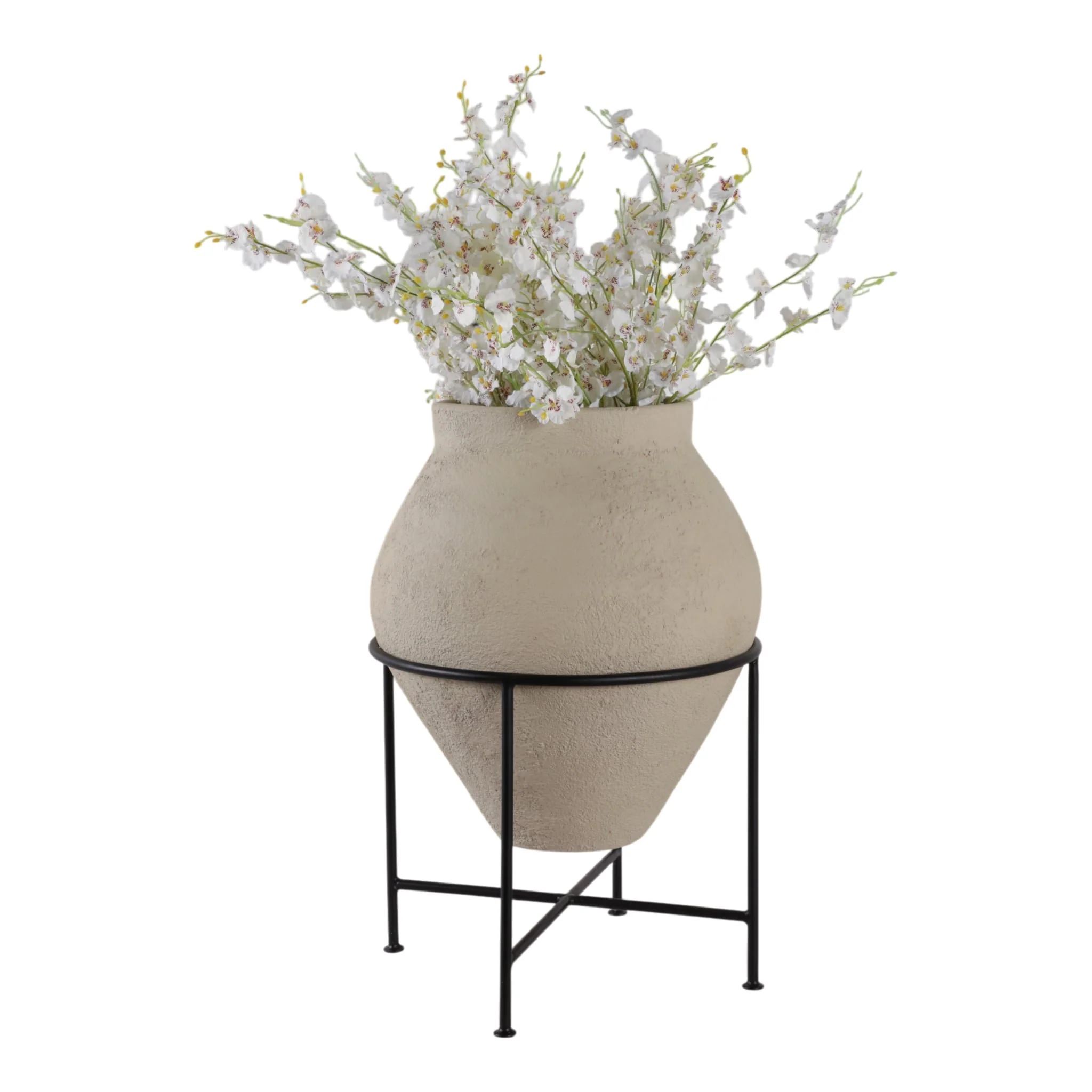 27x18" Terracotta Pot In Metal Stand, Ivory/ Black - Image 2