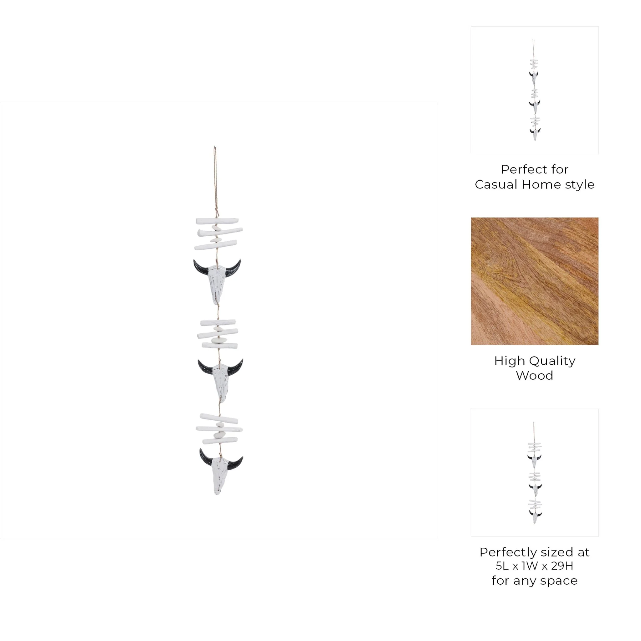 29" Wood Hanging Cow Skulls, Wht/blk - Image 6