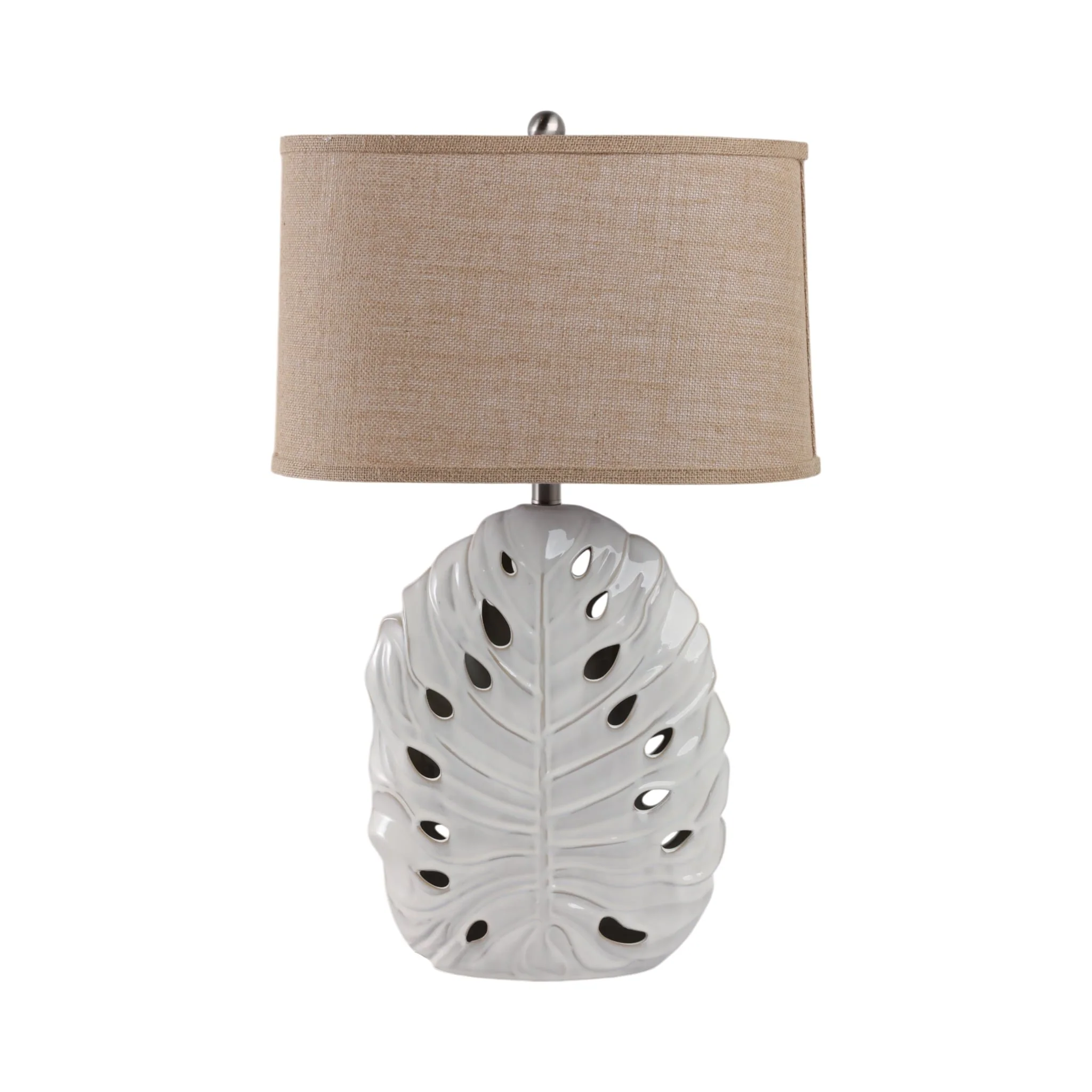 29x18" Pierced Leaf On Ceramic Lamp, White - Image 4