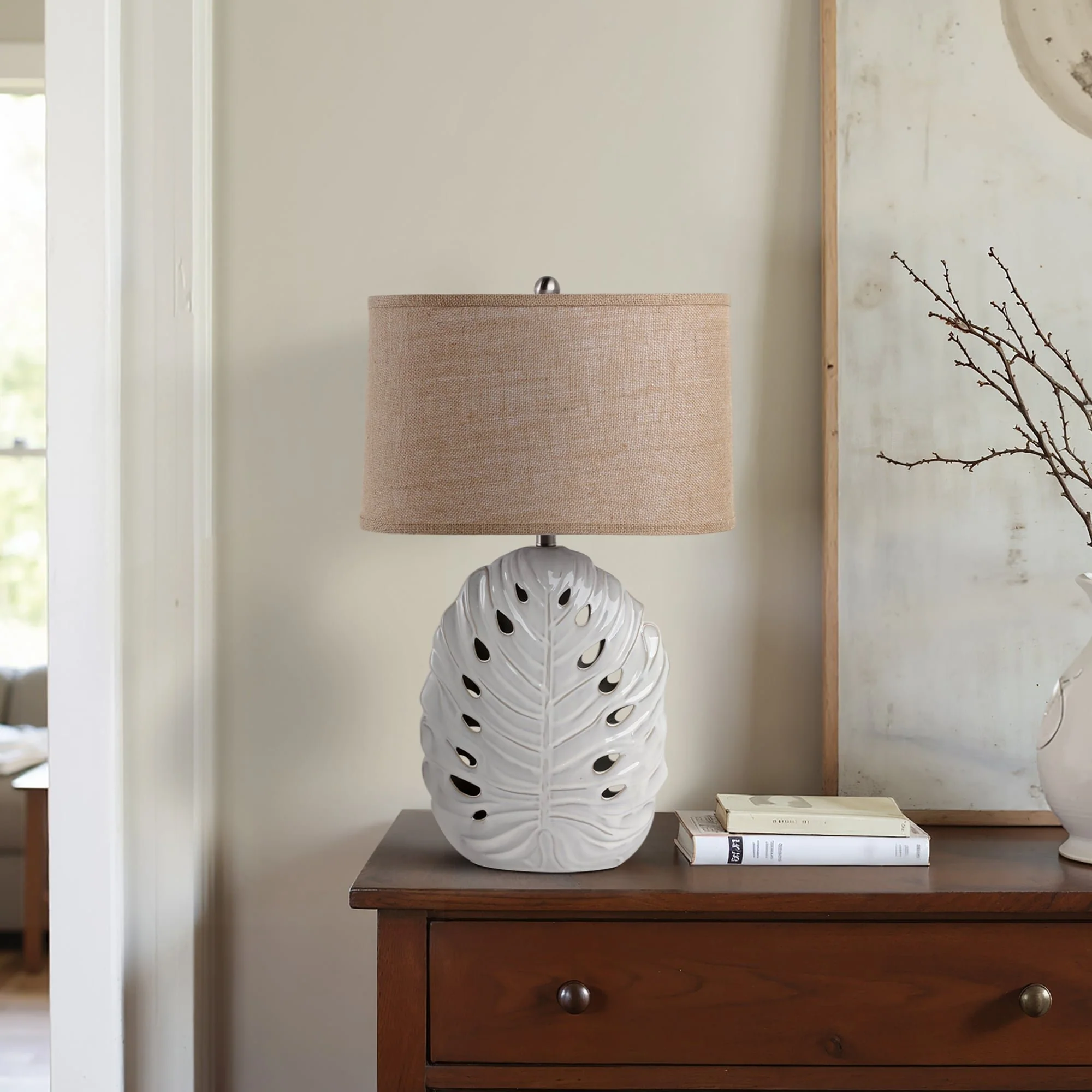 29x18" Pierced Leaf On Ceramic Lamp, White - Image 8
