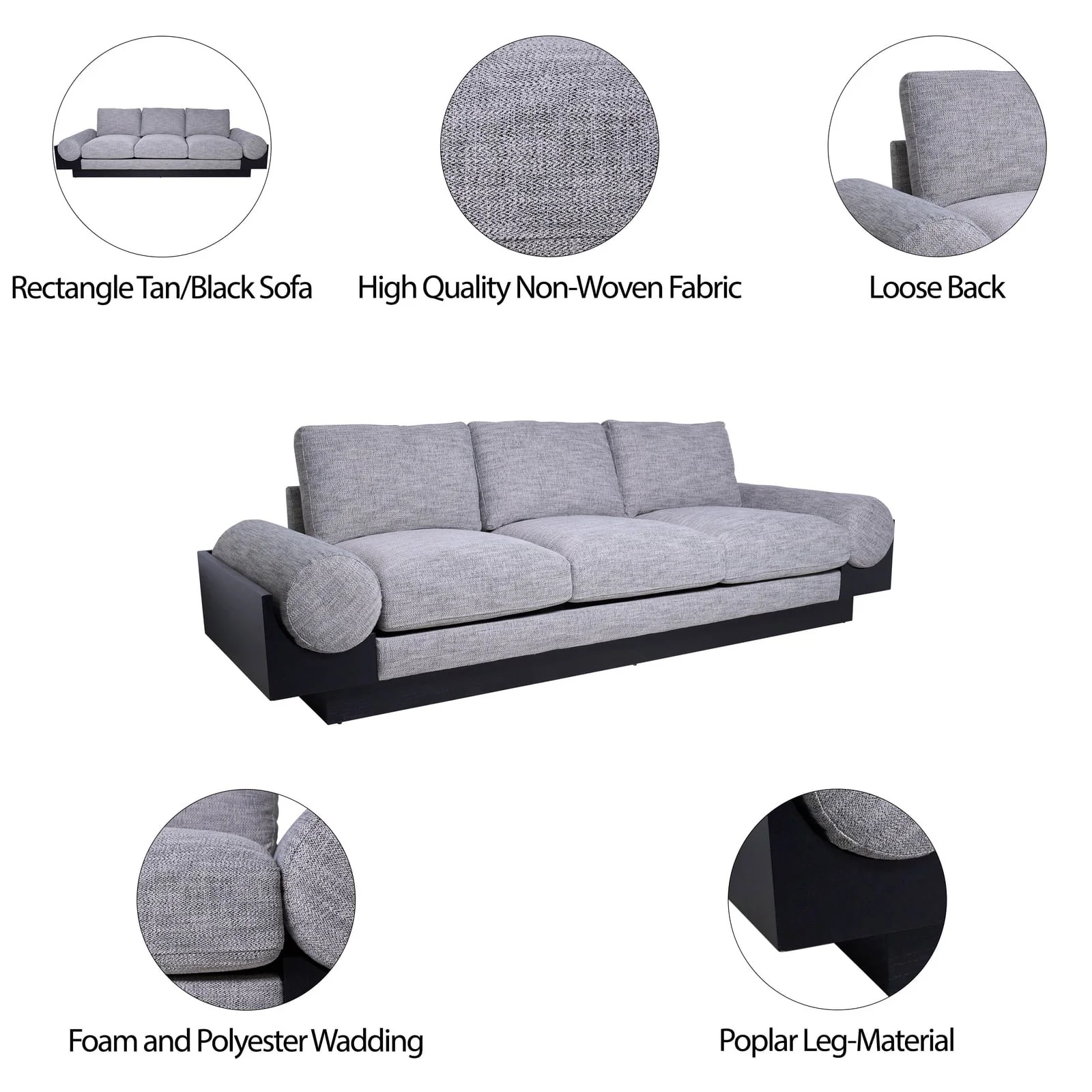 3- Seater Bolster Sofa - Black Wood Base - Tan/blk - Image 9