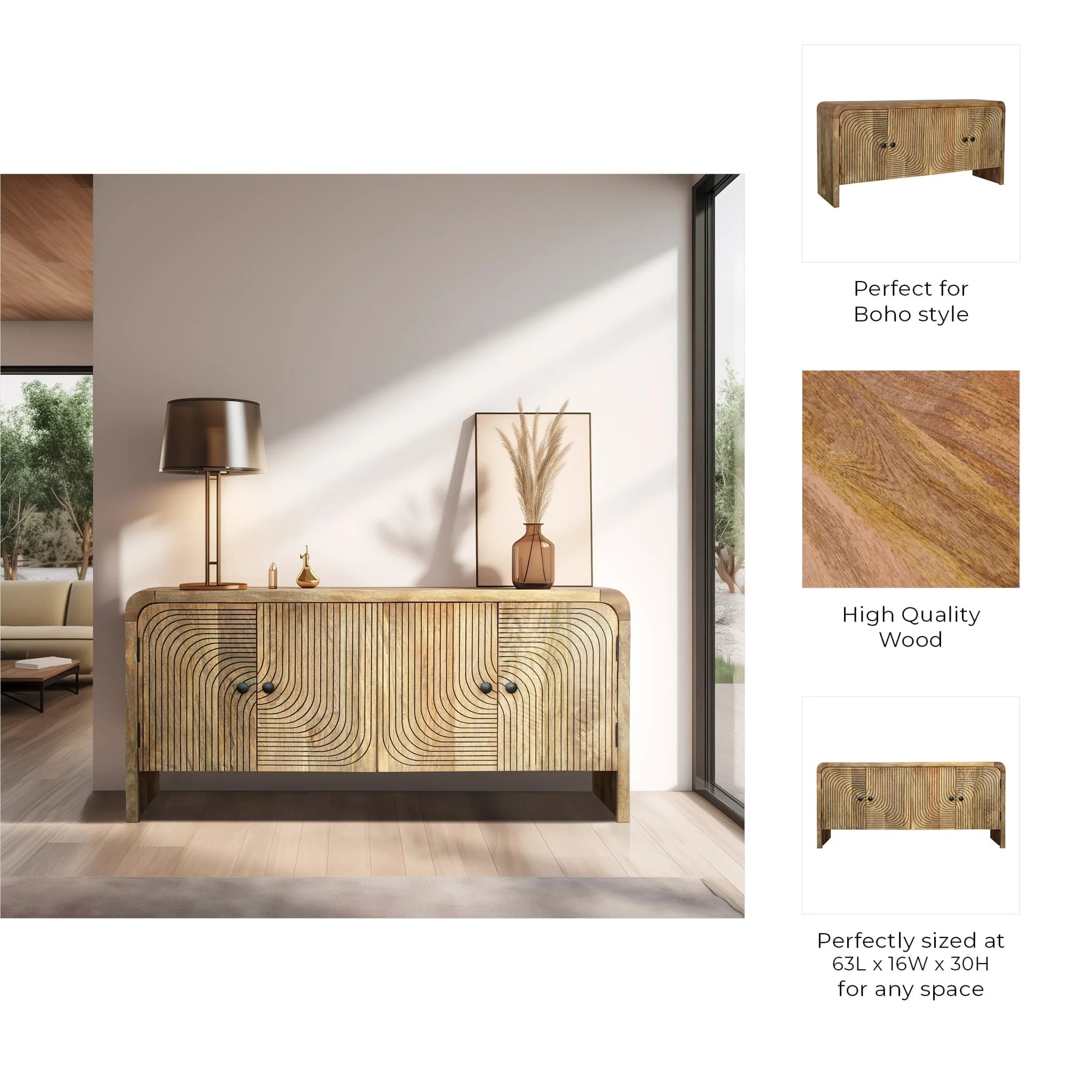 30" Carved Front Waterfall Edge Sideboard, Brwn - Image 5