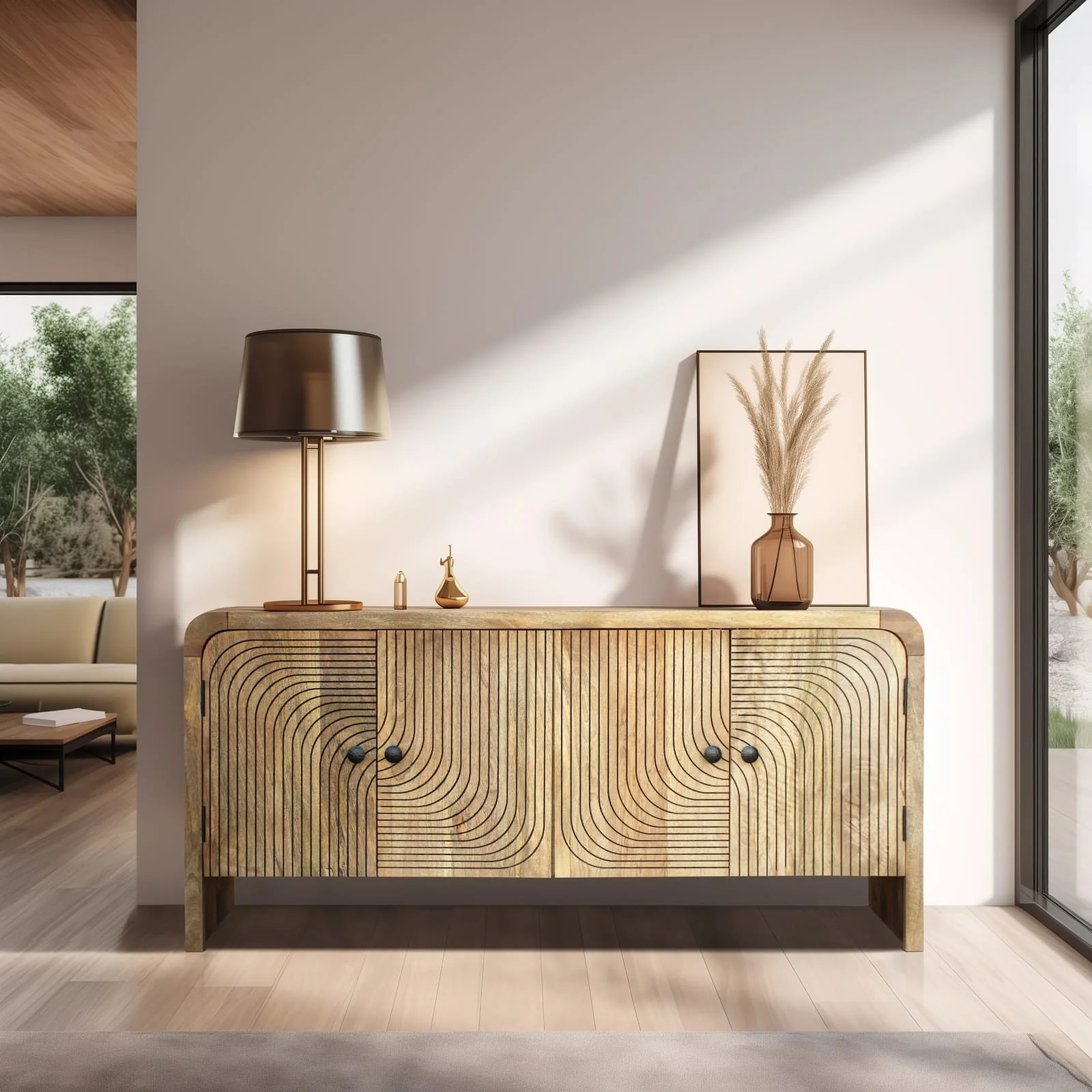 30" Carved Front Waterfall Edge Sideboard, Brwn - Image 6