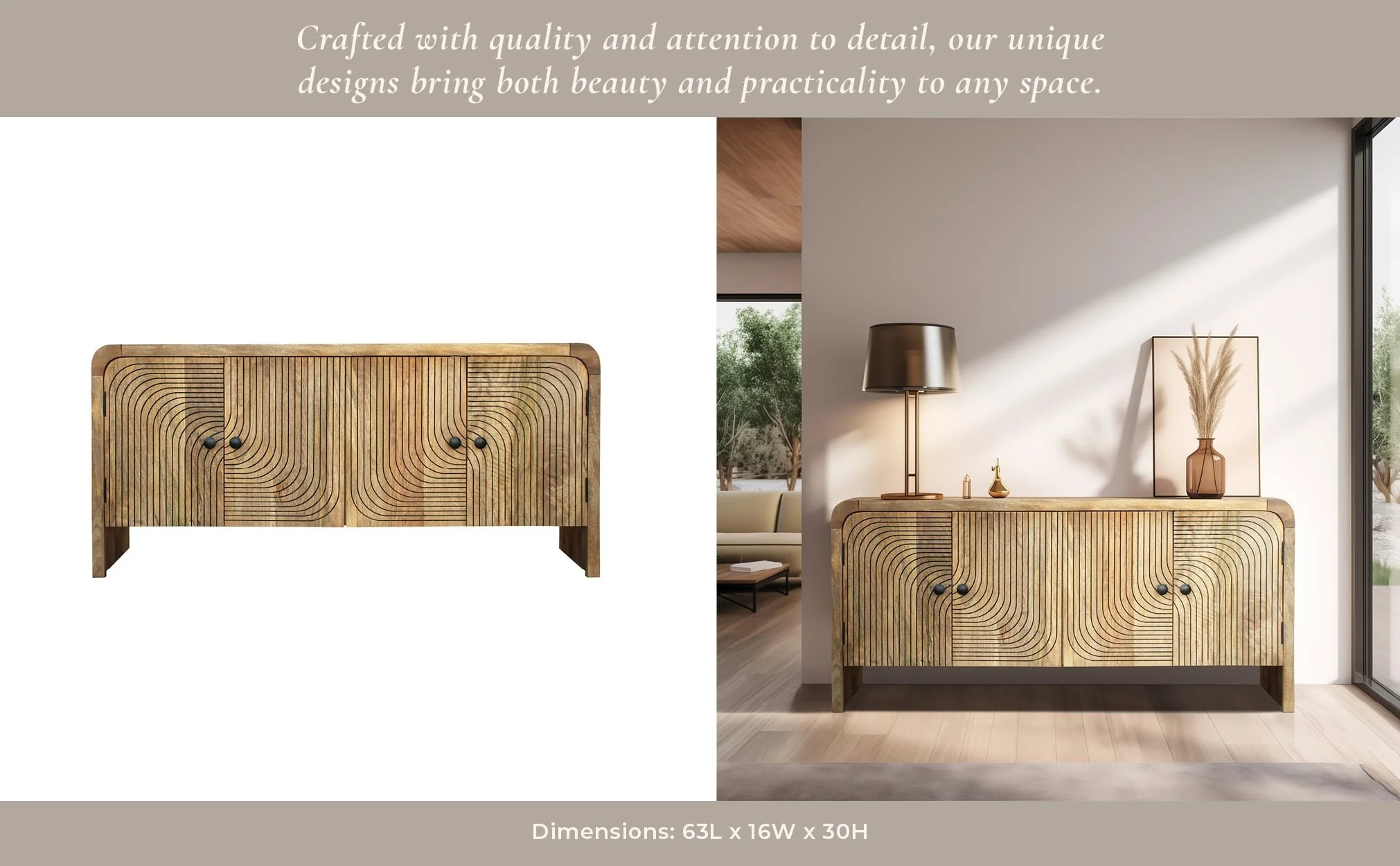 30" Carved Front Waterfall Edge Sideboard, Brwn - Image 7