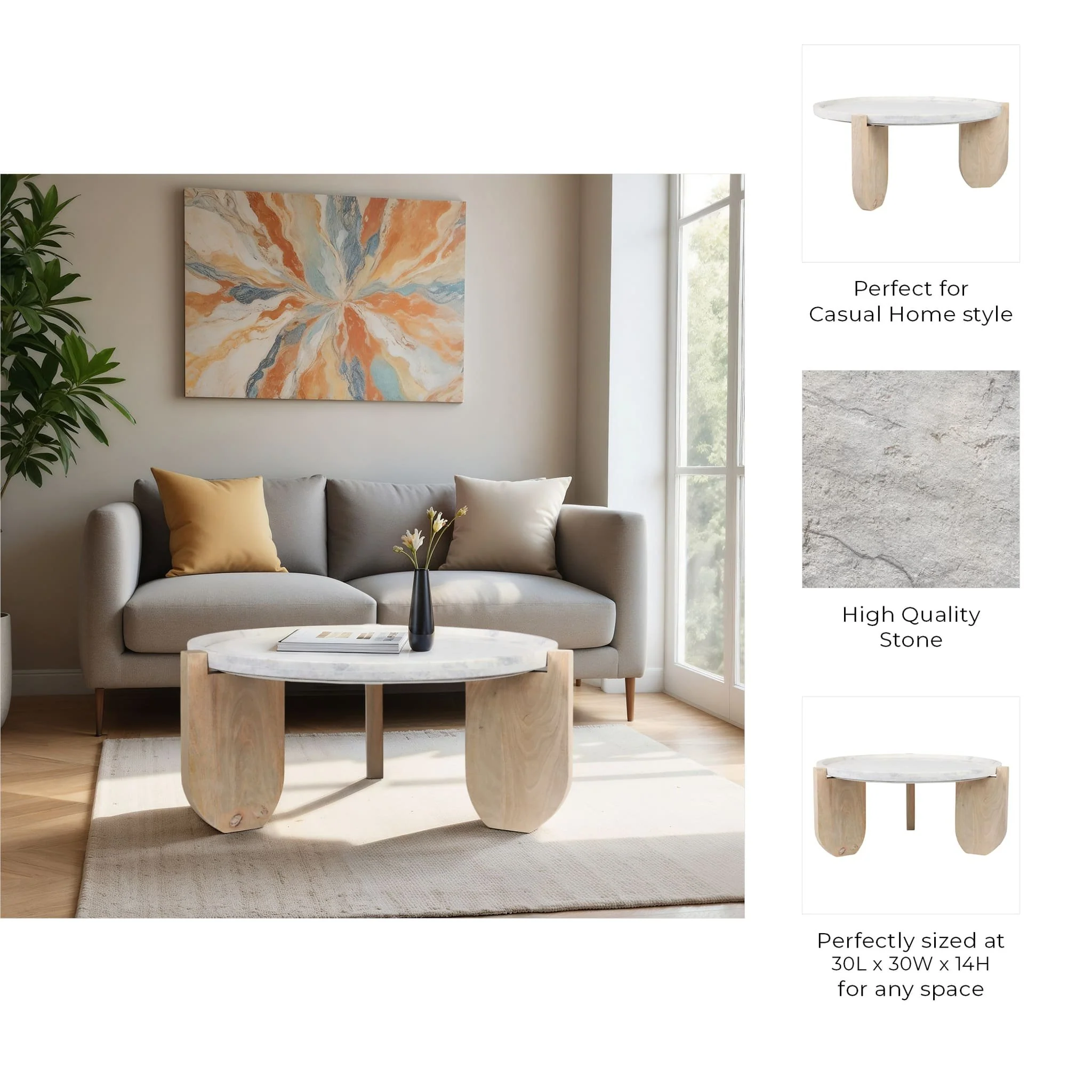 30x14" Marble Top Coffee Table With Curved Legs, W - Image 2