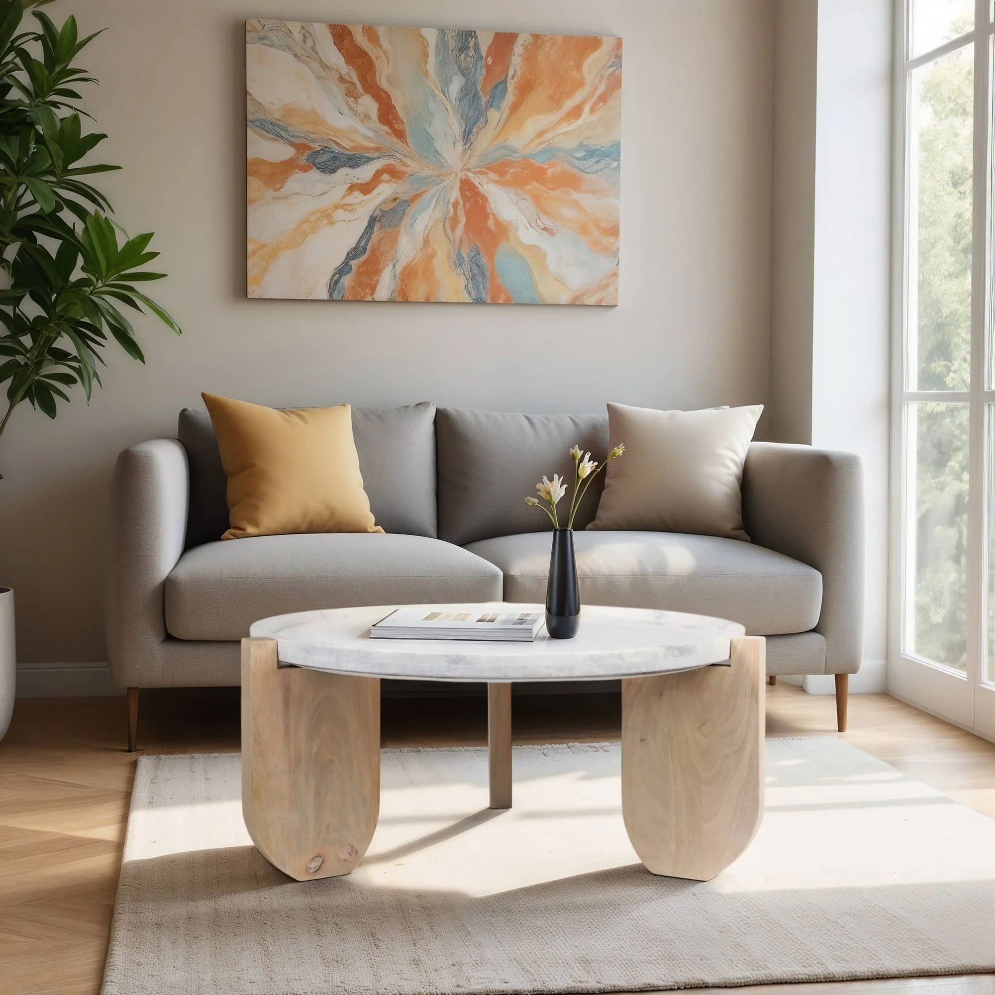 30x14" Marble Top Coffee Table With Curved Legs, W - Image 3